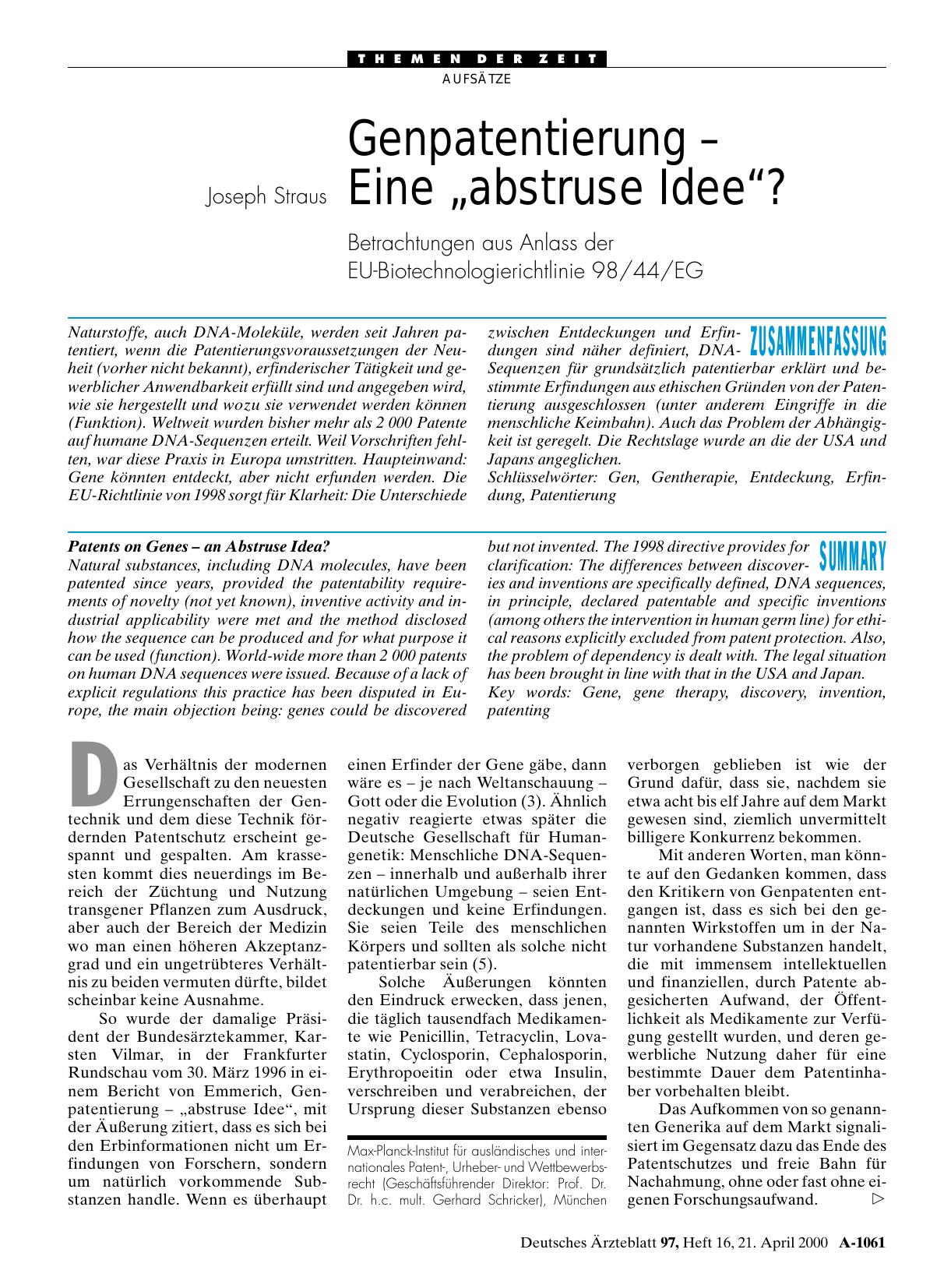 Vorschauseite 1: Genpatentierung – Eine „abstruse Idee“?