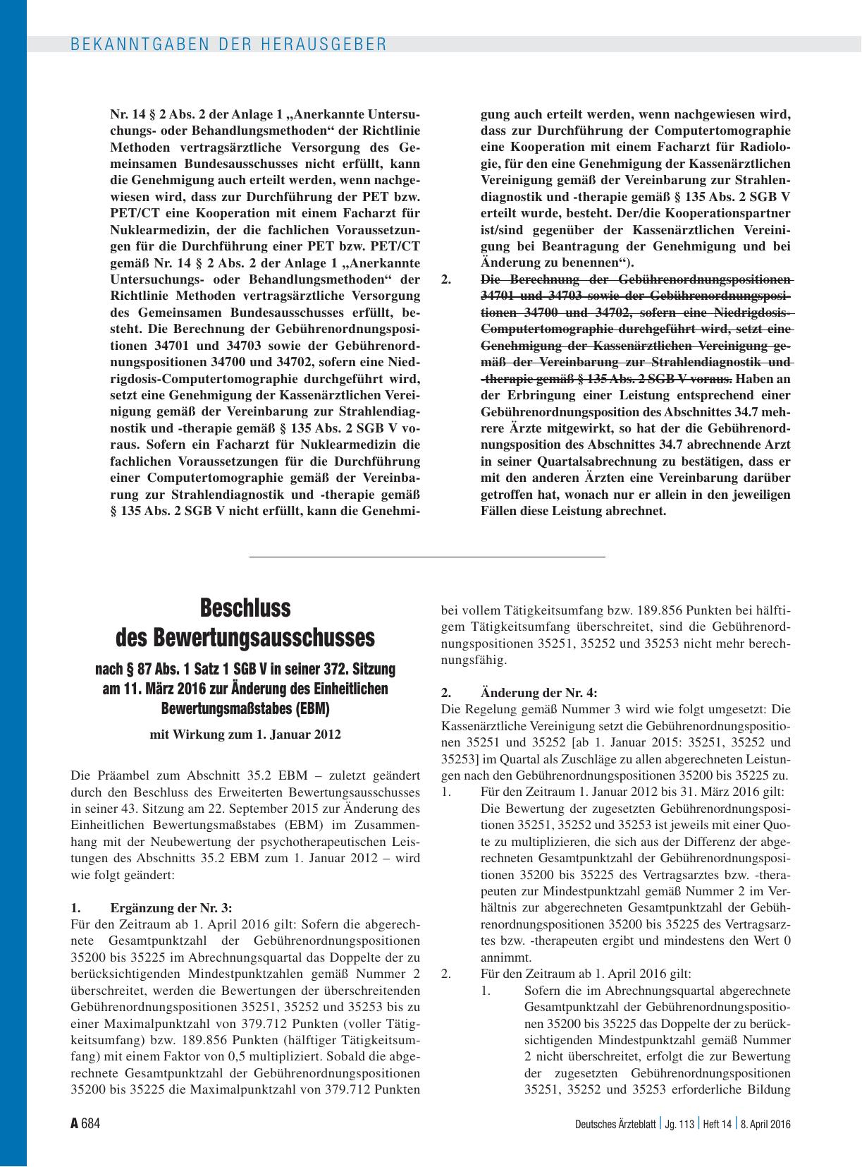 Vorschauseite 1: Beschluss des Bewertungsausschusses nach § 87 Abs. 1 Satz 1 SGB V in seiner 372. Sitzung am 11. März 2016 zur Änderung des Einheitlichen Bewertungsmaßstabes (EBM)