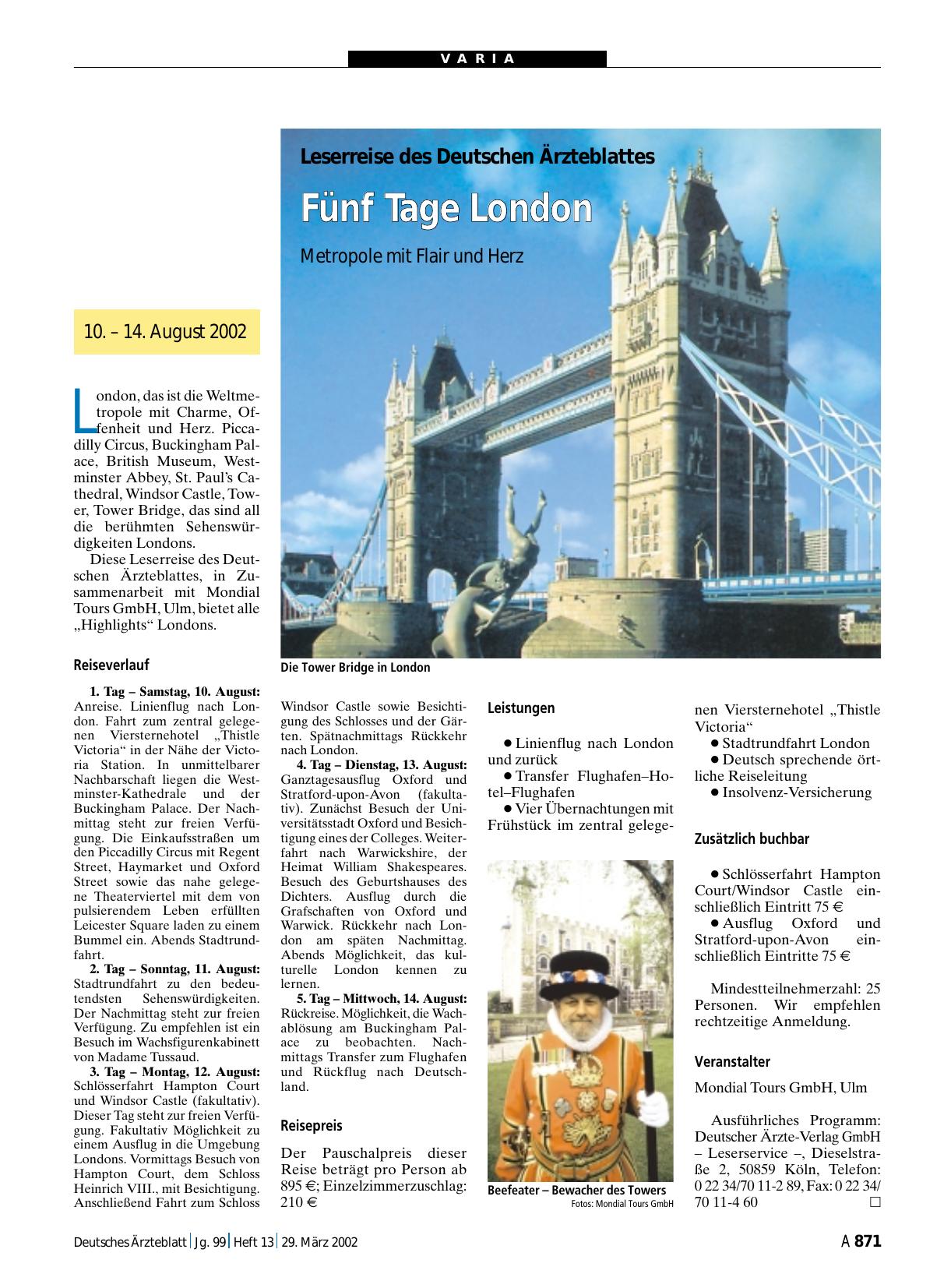 Vorschauseite 1: Leserreise des Deutschen Ärzteblattes: Fünf Tage London