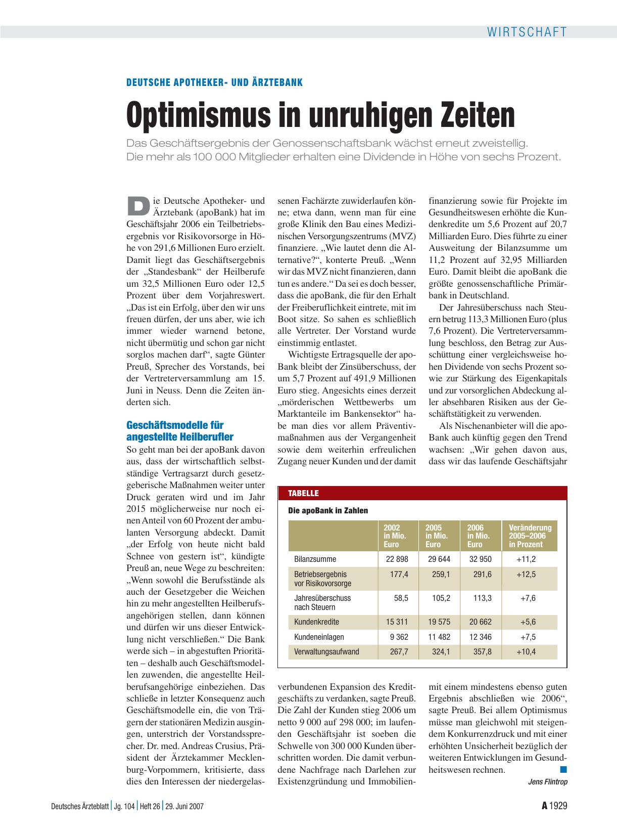 Vorschauseite 1: Deutsche Apothekerund Ärztebank: Optimismus in unruhigen Zeiten