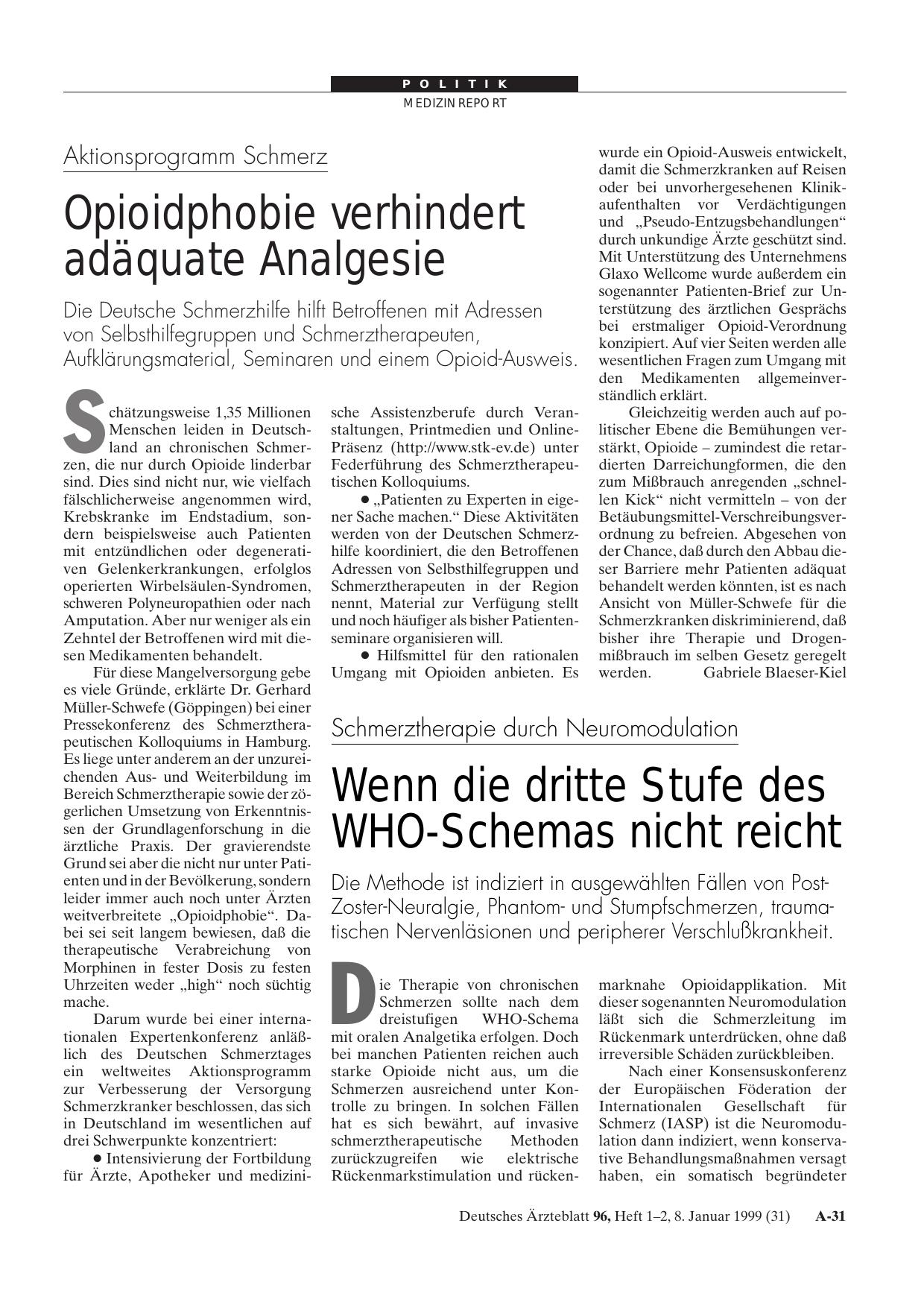 Vorschauseite 1: Aktionsprogramm Schmerz: Opioidphobie verhindert adäquate Analgesie
