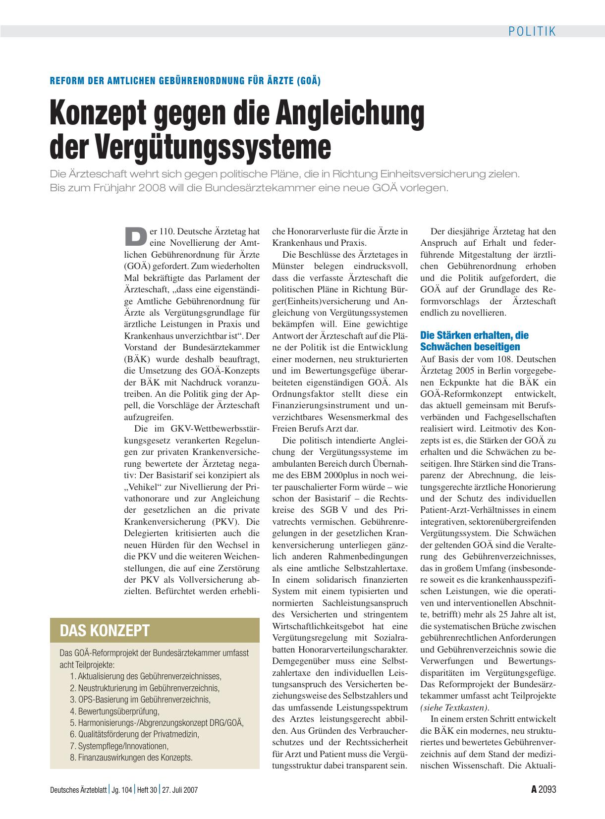 Vorschauseite 1: Reform der Amtlichen Gebührenordnung für Ärzte (GOÄ): Konzept gegen die Angleichung der Vergütungssysteme