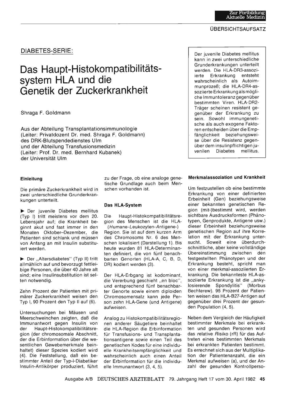 Vorschauseite 1: Das Haupt-Histokompatibilitätssystem HLA und die Genetik der Zuckerkrankheit
