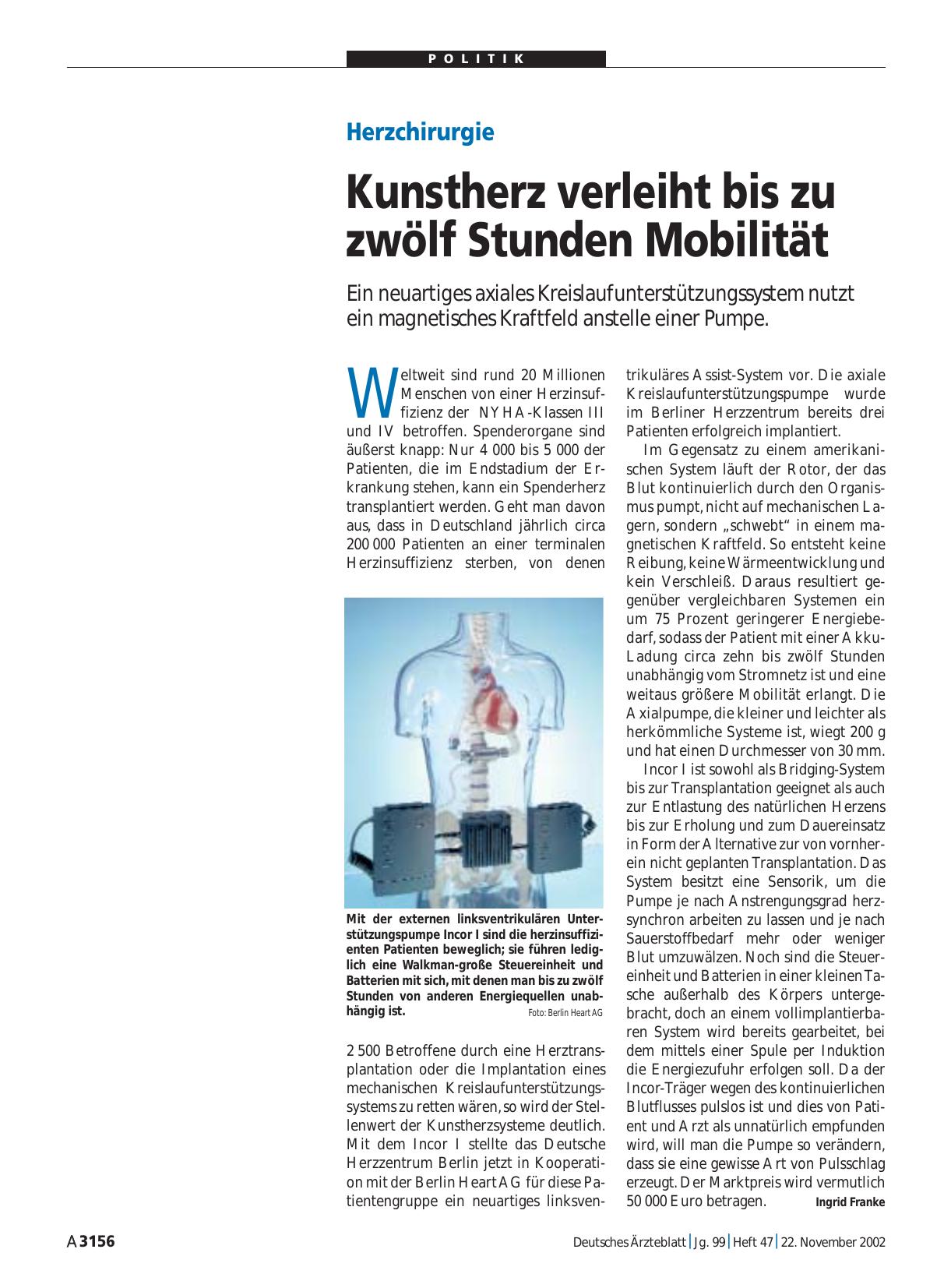 Vorschauseite 1: Herzchirurgie: Kunstherz verleiht bis zu zwölf Stunden Mobilität