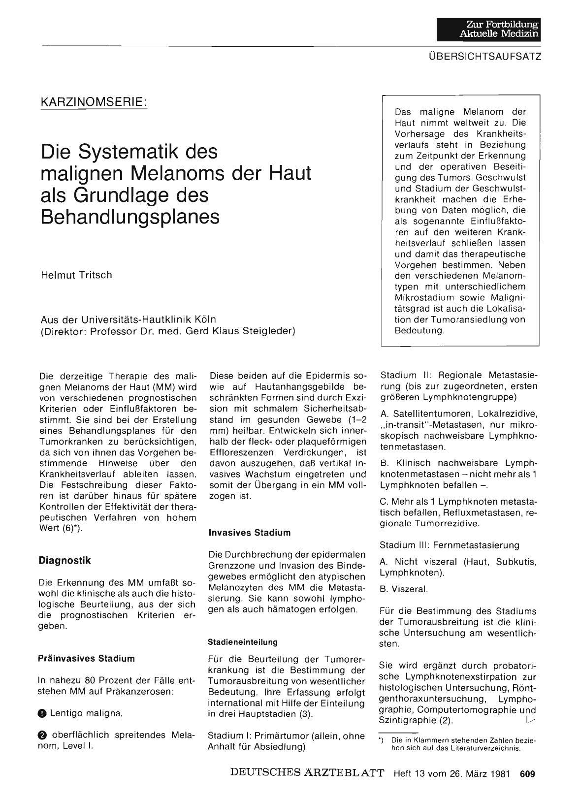 Vorschauseite 1: KARZINOMSERIE: Die Systematik des malignen Melanoms der Haut als Grundlage des Behandlungsplanes