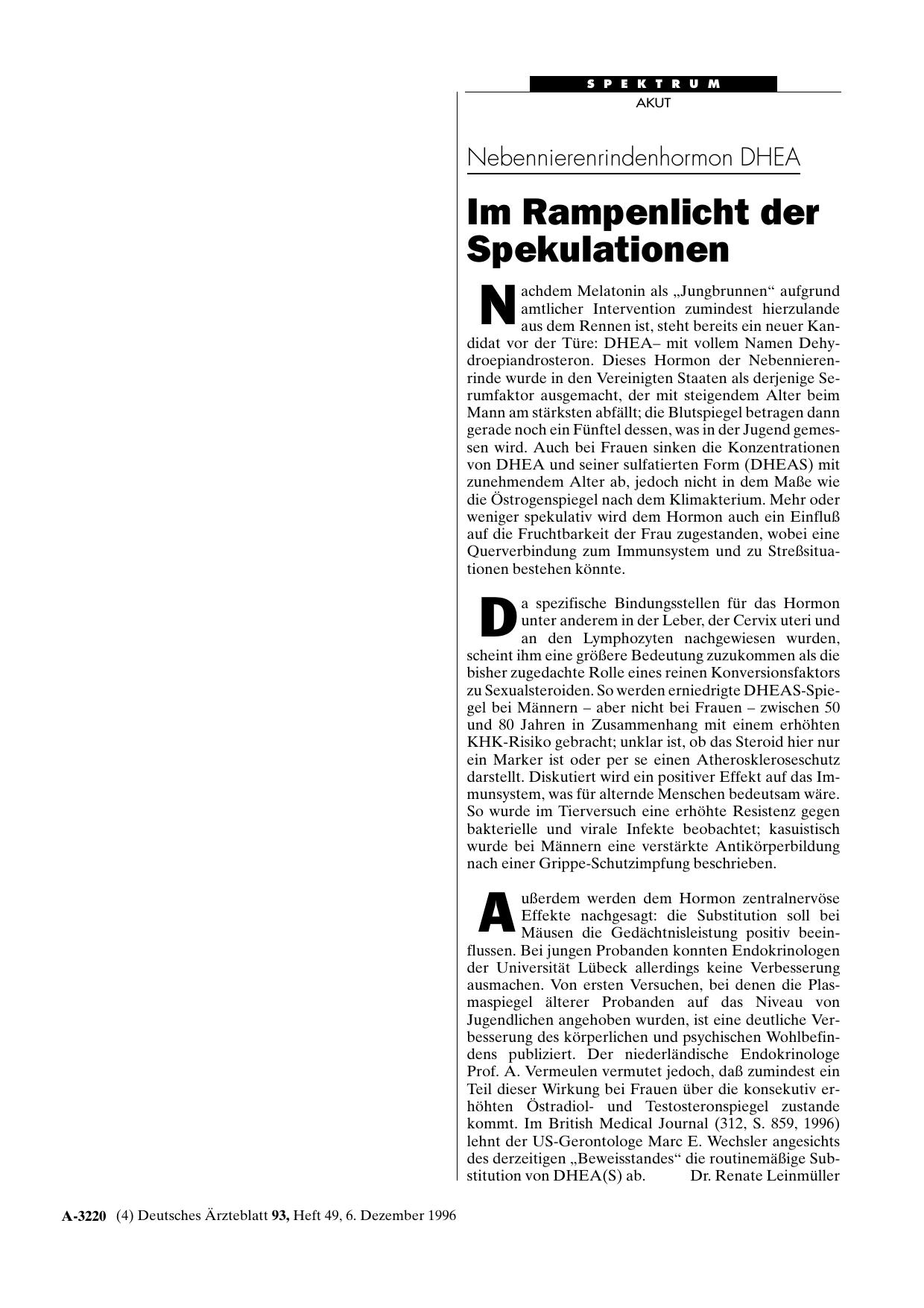 Vorschauseite 1: Nebennierenrindenhormon DHEA: Im Rampenlicht der Spekulationen