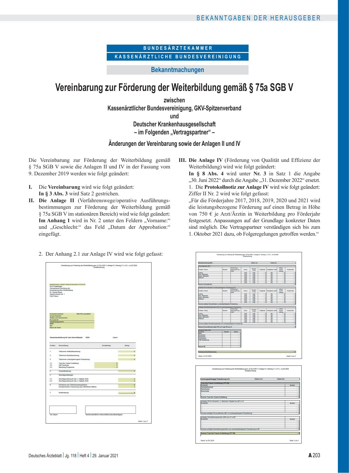 Vorschauseite 1: Vereinbarung zur Förderung der Weiterbildung gemäß § 75a SGB V zwischen Kassenärztlicher Bundesvereinigung, GKV-Spitzenverband und Deutscher Krankenhausgesellschaft – im Folgenden…