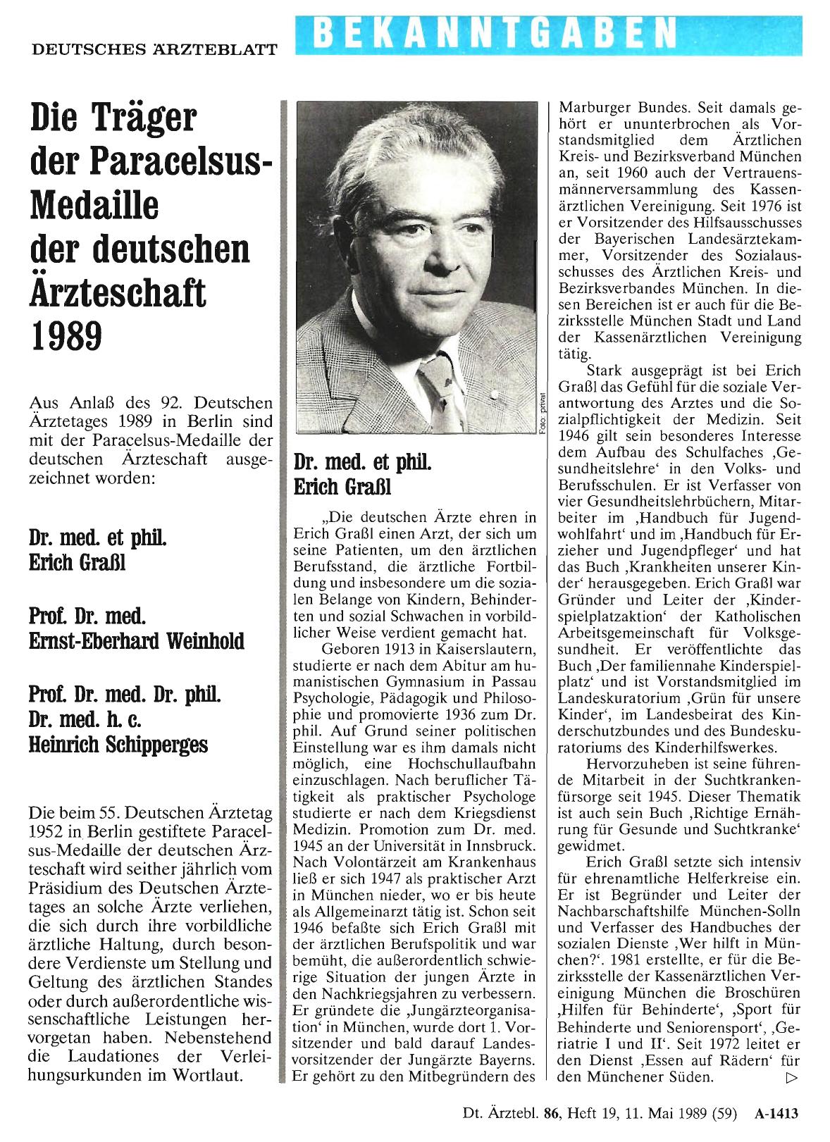 Vorschauseite 1: Die Träger der Paracelsus-Medaille der deutschen Ärzteschaft 1989