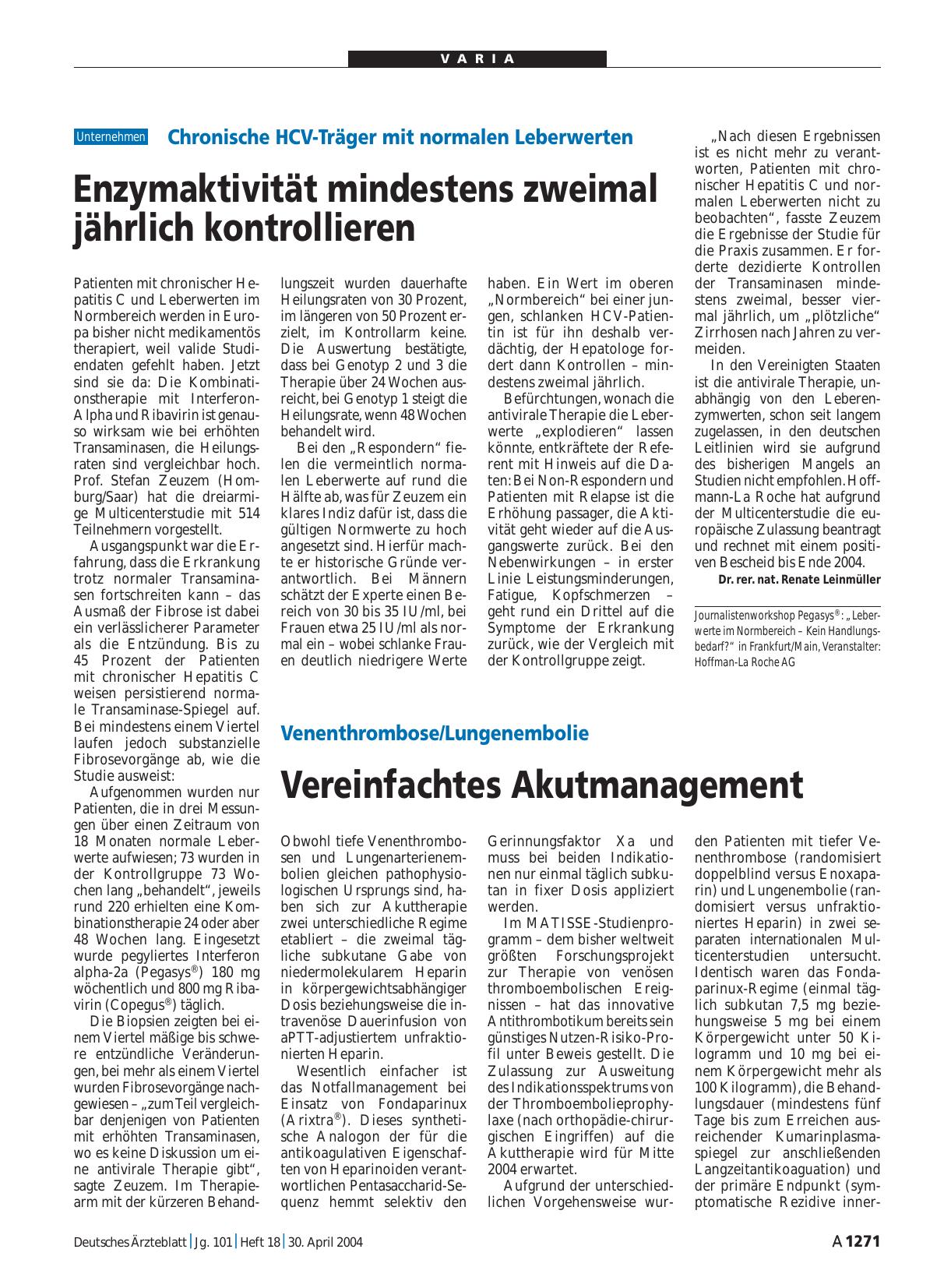 Vorschauseite 1: Chronische HCV-Träger mit normalen Leberwerten: Enzymaktivität mindestens zweimal jährlich kontrollieren
