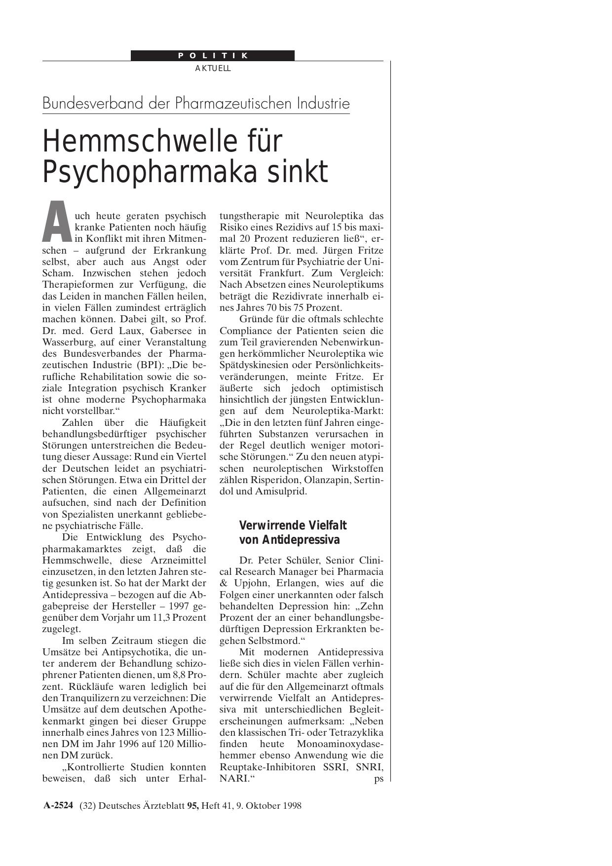 Vorschauseite 1: Bundesverband der Pharmazeutischen Industrie: Hemmschwelle für Psychopharmaka sinkt