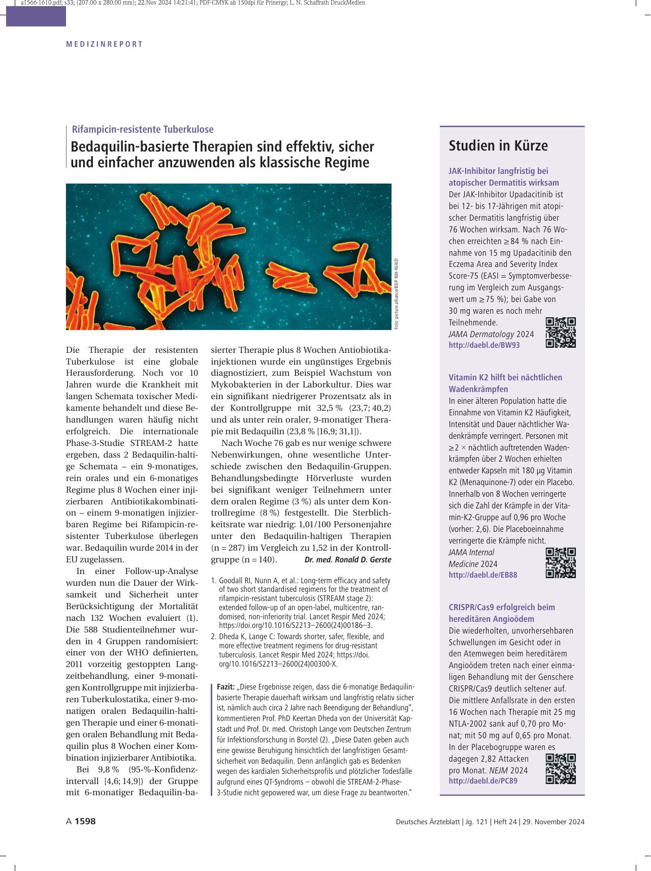 Vorschauseite 1: Rifampicin-resistente Tuberkulose: Bedaquilin-basierte Therapien sind effektiv, sicher und einfacher anzuwenden als klassische Regime.
