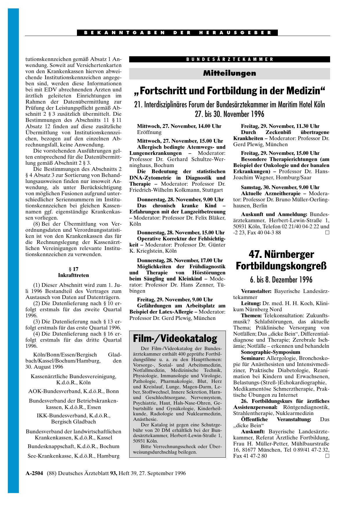 Vorschauseite 1: 47. Nürnberger Fortbildungskongreß: 6. bis 8. Dezember 1996