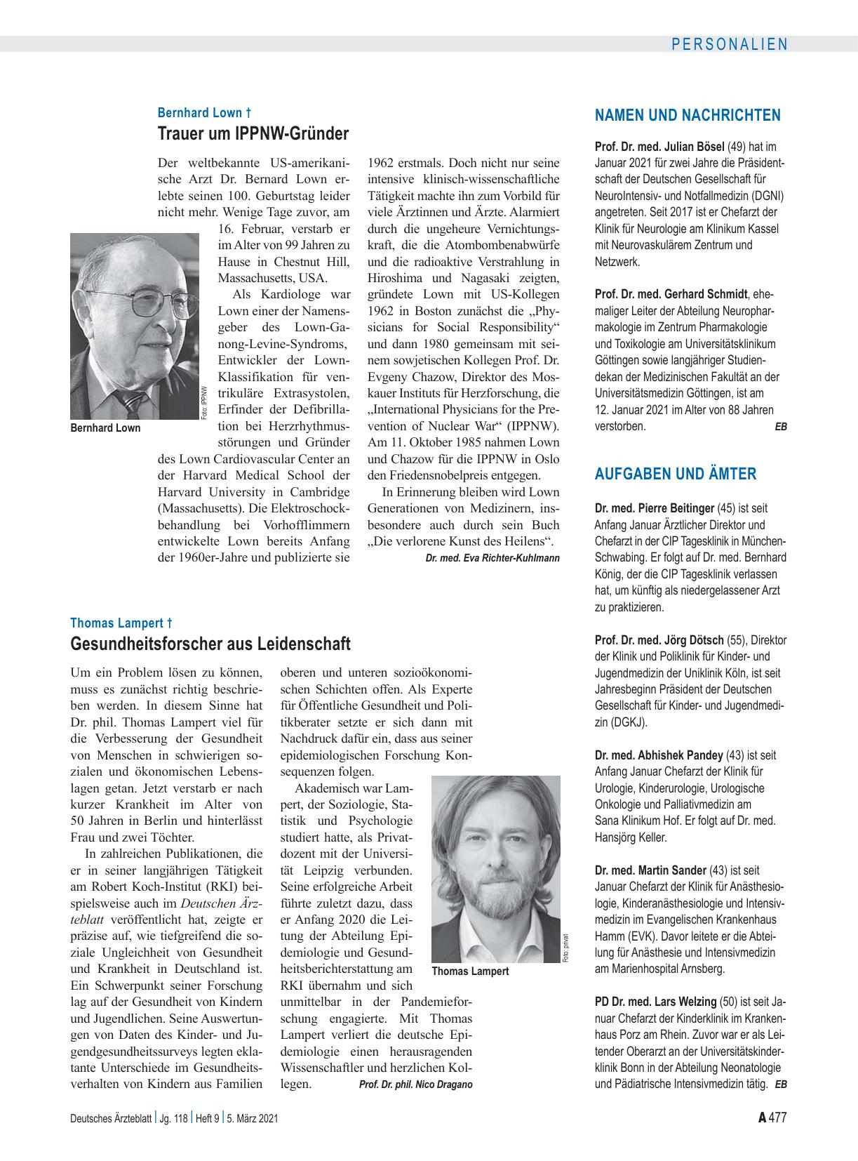 Vorschauseite 1: Bernhard Lown †: Trauer um IPPNW-Gründer