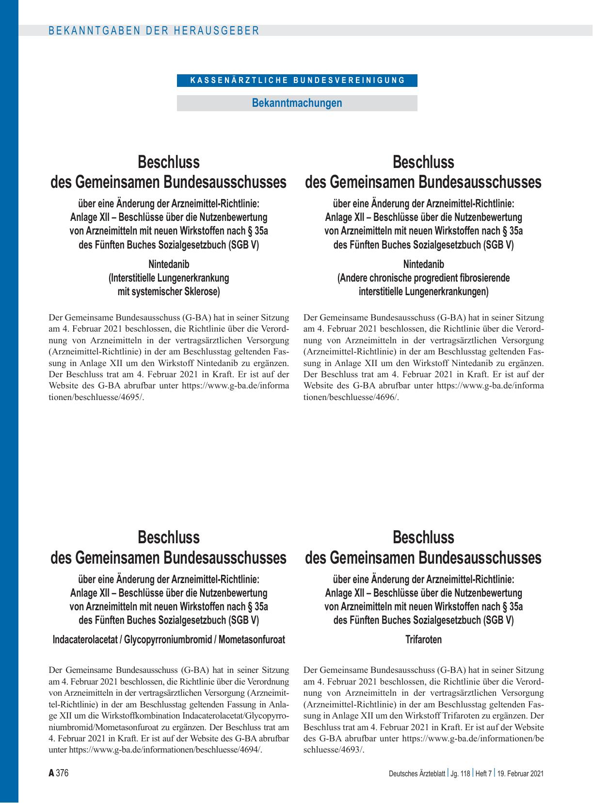 Vorschauseite 1: Beschluss des Gemeinsamen Bundesausschusses über eine Änderung der Arzneimittel-Richtlinie: Anlage XII – Trifaroten