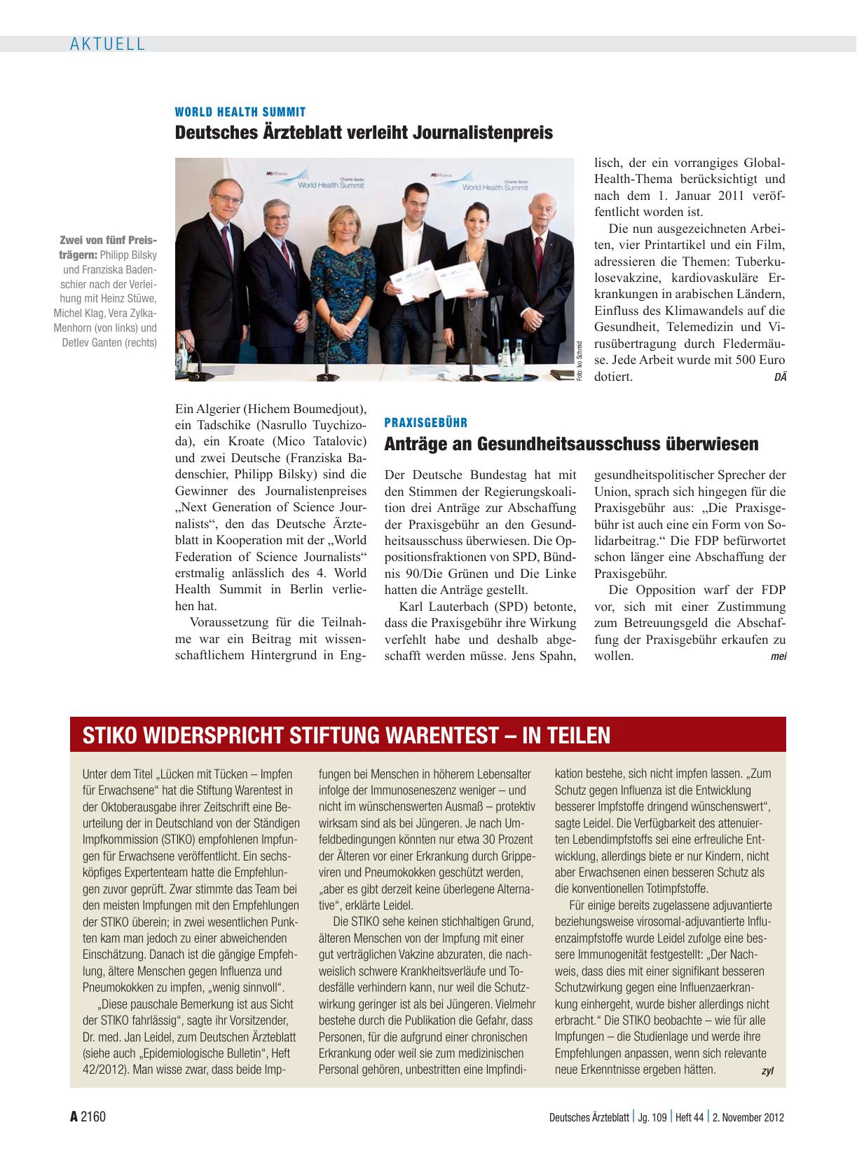 Vorschauseite 1: World Health Summit: Deutsches Ärzteblatt verleiht Journalistenpreis