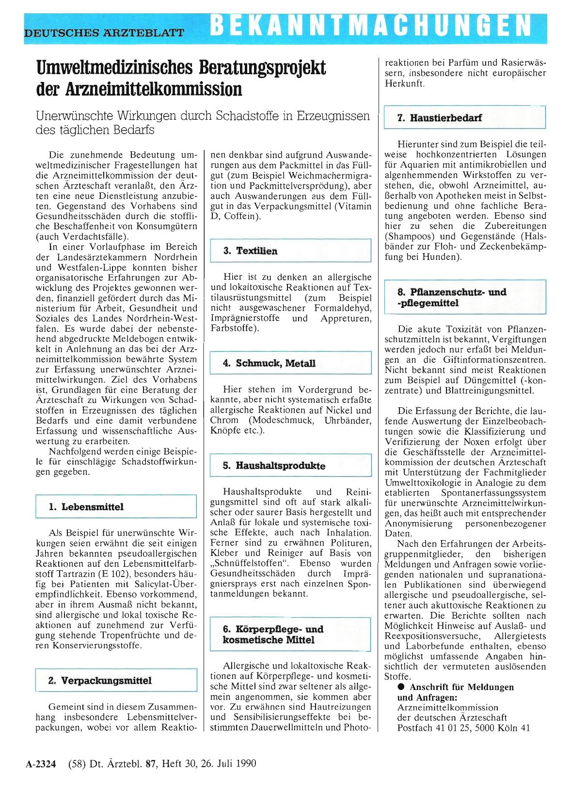 Vorschauseite 1: Umweltmedizinisches Beratungsprojekt der Arzneimittelkommission