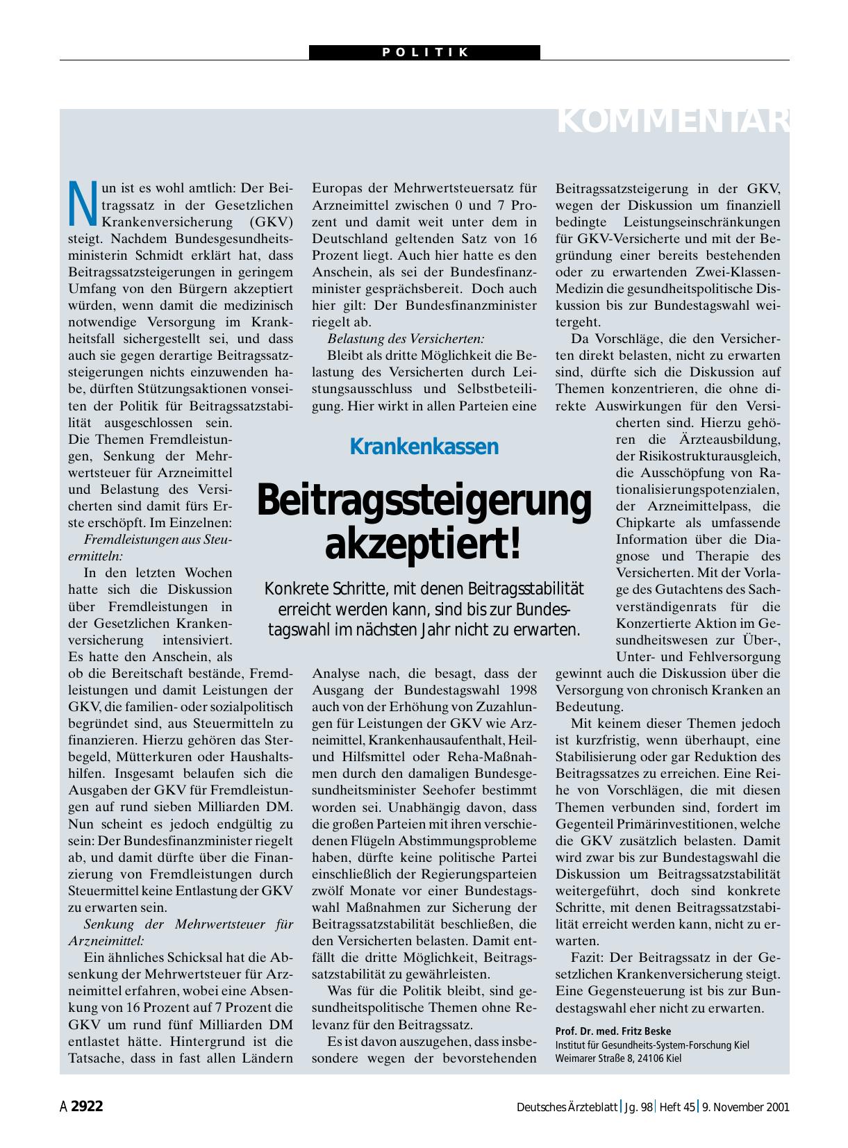Vorschauseite 1: Krankenkassen: Beitragssteigerung akzeptiert!