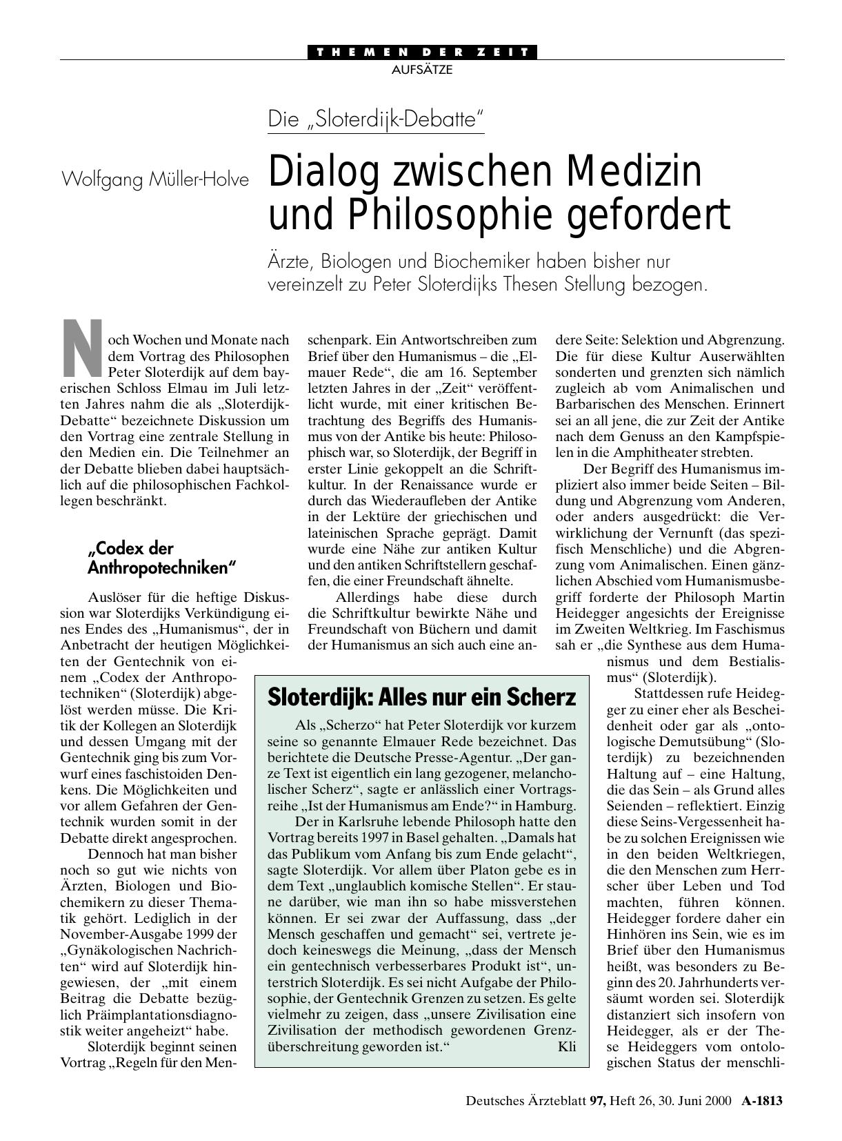 Vorschauseite 1: Die „Sloterdijk-Debatte“: Dialog zwischen Medizin und Philosophie gefordert