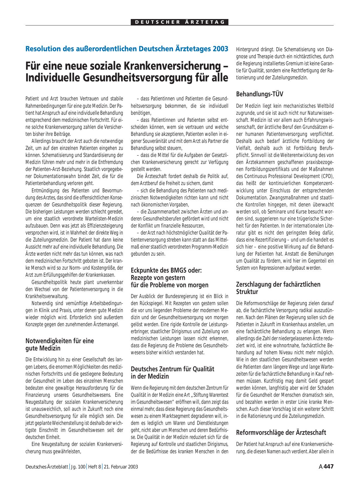 Vorschauseite 1: Resolution des außerordentlichen Deutschen Ärztetages 2003: Für eine neue soziale Krankenversicherung – Individuelle Gesundheitsversorgung für alle