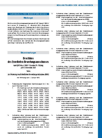 Vorschauseite 1: Beschluss des Erweiterten Bewertungsausschusses nach § 87 Abs. 4 SGB V in seiner 74. Sitzung am 17. November 2021