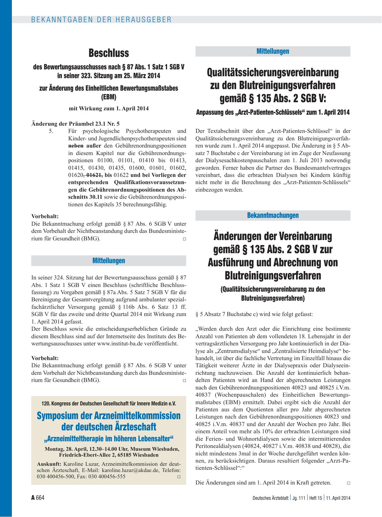 Vorschauseite 1: Qualitätssicherungsvereinbarung zu den Blutreinigungsverfahren gemäß § 135 Abs. 2 SGB V Anpassung des „Arzt-Patienten-Schlüssels“ zum 1. April 2014 – Änderungen der Vereinbarung g…