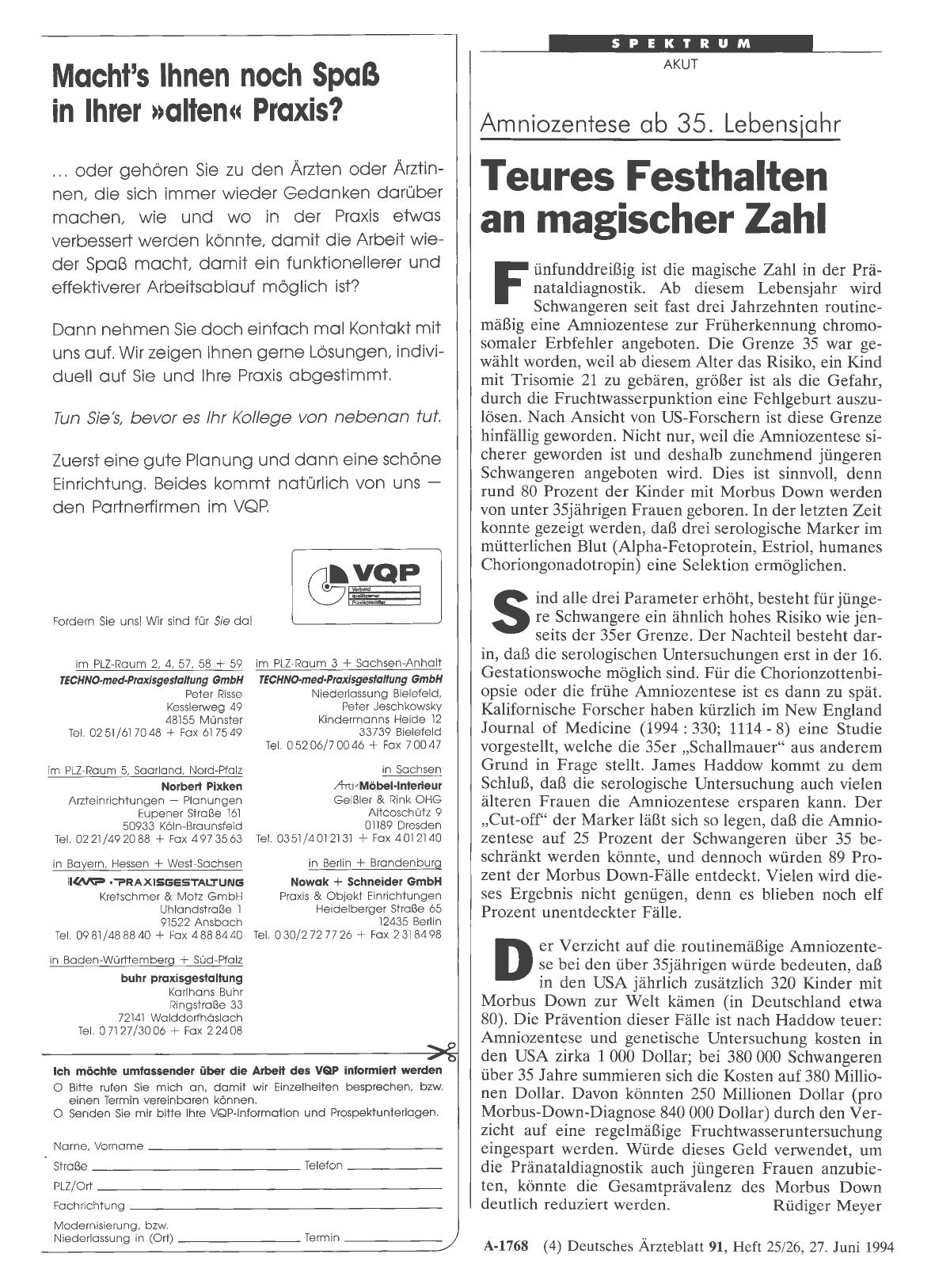Vorschauseite 1: Amniozentese ab 35. Lebensjahr: Teures Festhalten an magischer Zahl