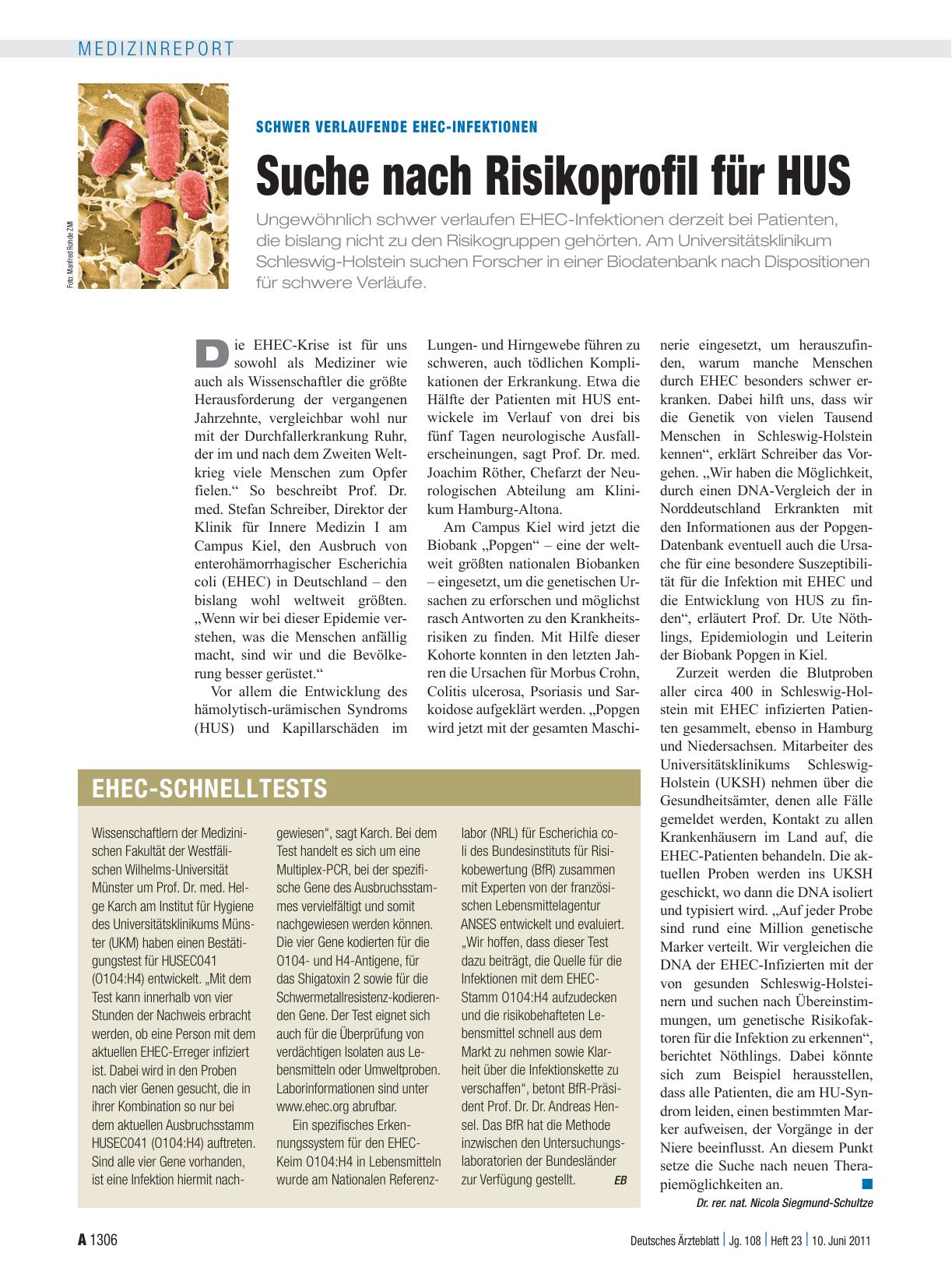 Vorschauseite 1: Schwer verlaufende EHEC-Infektionen: Suche nach Risikoprofil für HUS