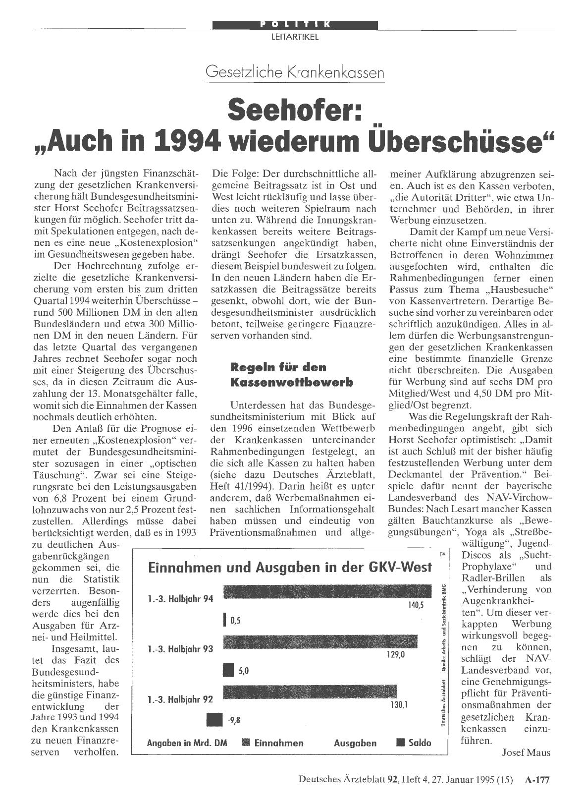 Vorschauseite 1: Gesetzliche Krankenkassen: Seehofer: „Auch in 1994 wiederum Überschüsse“