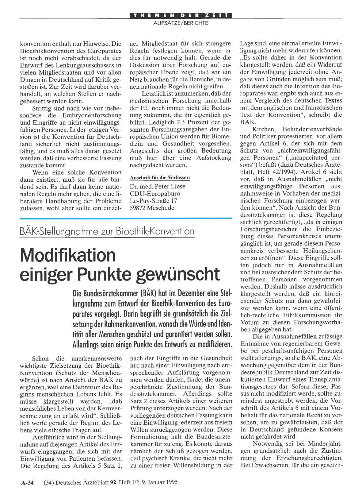 Vorschauseite 1: BÄK-Stellungnahme zur Bioethik-Konvention: Modifikation einiger Punkte gewünscht