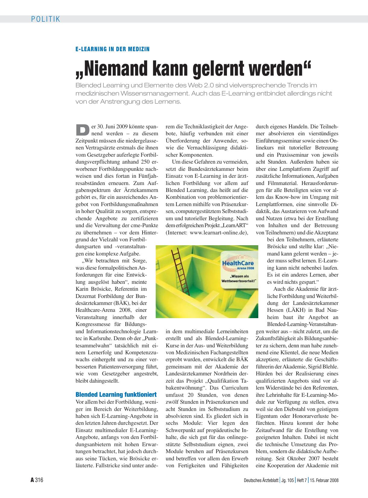 Vorschauseite 1: E-Learning in der Medizin: „Niemand kann gelernt werden“
