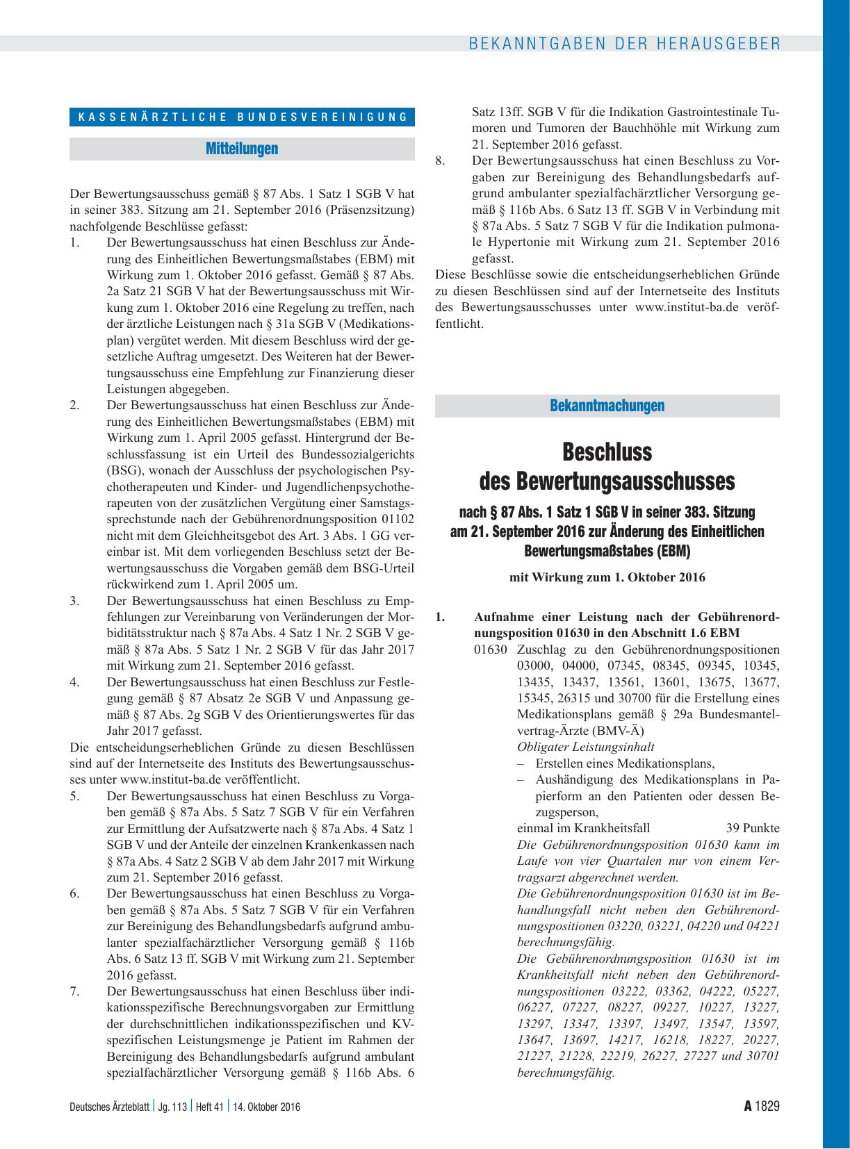 Vorschauseite 1: Beschluss des Bewertungsausschusses nach § 87 Abs. 1 Satz 1 SGB V in seiner 383. Sitzung am 21. September 2016 zur Änderung des Einheitlichen Bewertungsmaßstabes (EBM)