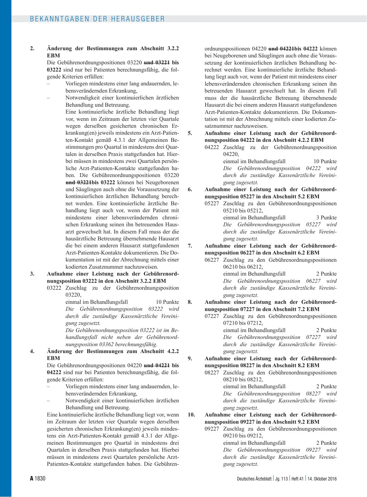 Vorschauseite 2: Beschluss des Bewertungsausschusses nach § 87 Abs. 1 Satz 1 SGB V in seiner 383. Sitzung am 21. September 2016 zur Änderung des Einheitlichen Bewertungsmaßstabes (EBM)