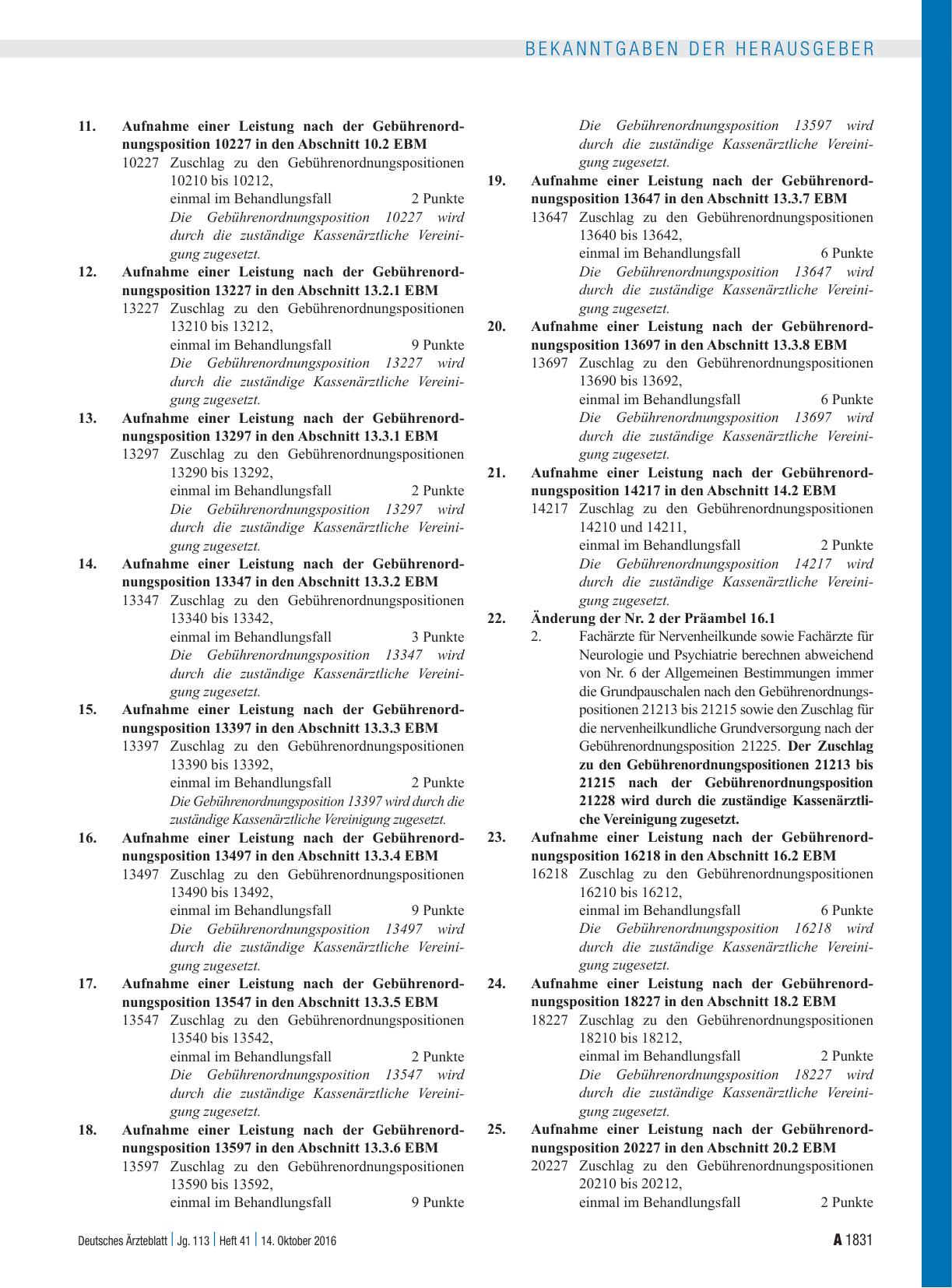 Vorschauseite 3: Beschluss des Bewertungsausschusses nach § 87 Abs. 1 Satz 1 SGB V in seiner 383. Sitzung am 21. September 2016 zur Änderung des Einheitlichen Bewertungsmaßstabes (EBM)