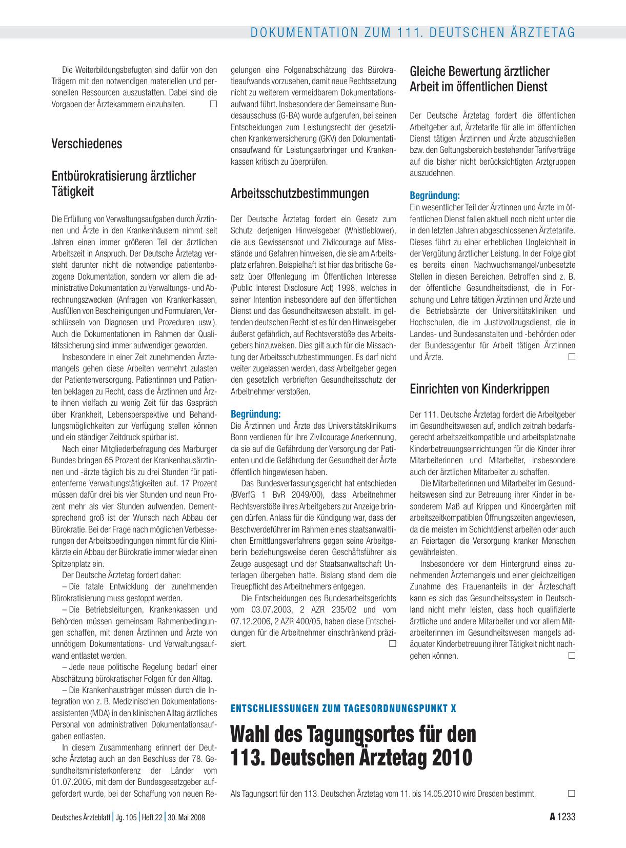 Vorschauseite 1: Entschliessungen zum Tagesordnungspunkt X: Wahl des Tagungsortes für den 113. Deutschen Ärztetag 2010