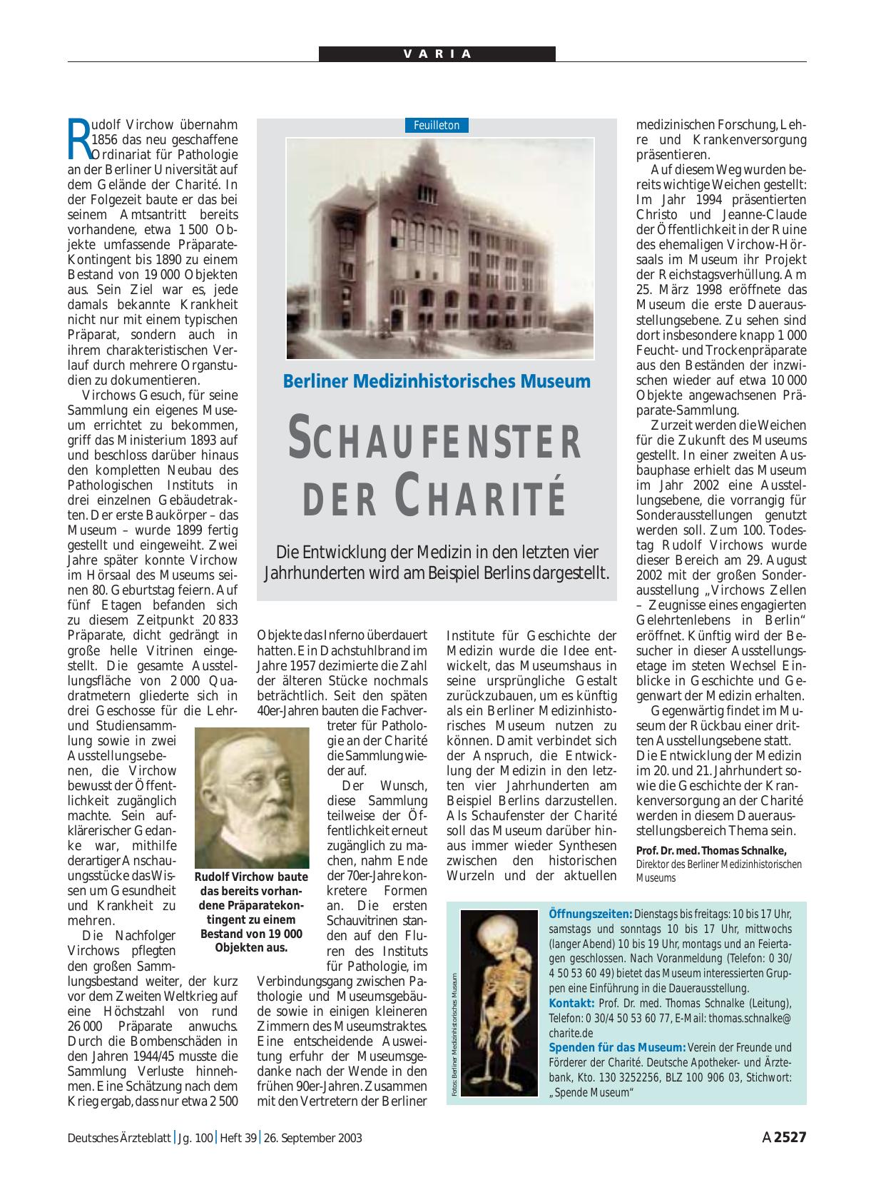 Vorschauseite 1: Berliner Medizinhistorisches Museum: Schaufenster der Charité