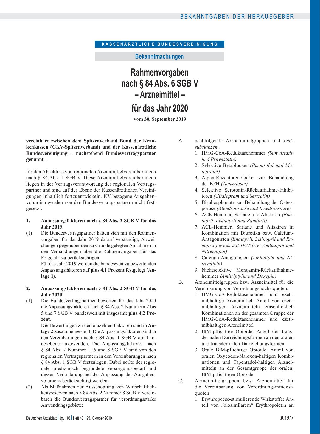 Vorschauseite 1: Rahmenvorgaben nach § 84 Abs. 6 SGB V – Arzneimittel – für das Jahr 2020