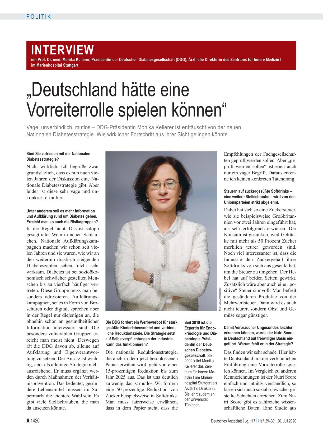Vorschauseite 1: Interview mit Prof. Dr. med. Monika Kellerer, Präsidentin der Deutschen Diabetesgesellschaft (DDG), Ärztliche Direktorin des Zentrums für Innere Medizin I im Marienhospital Stuttg…