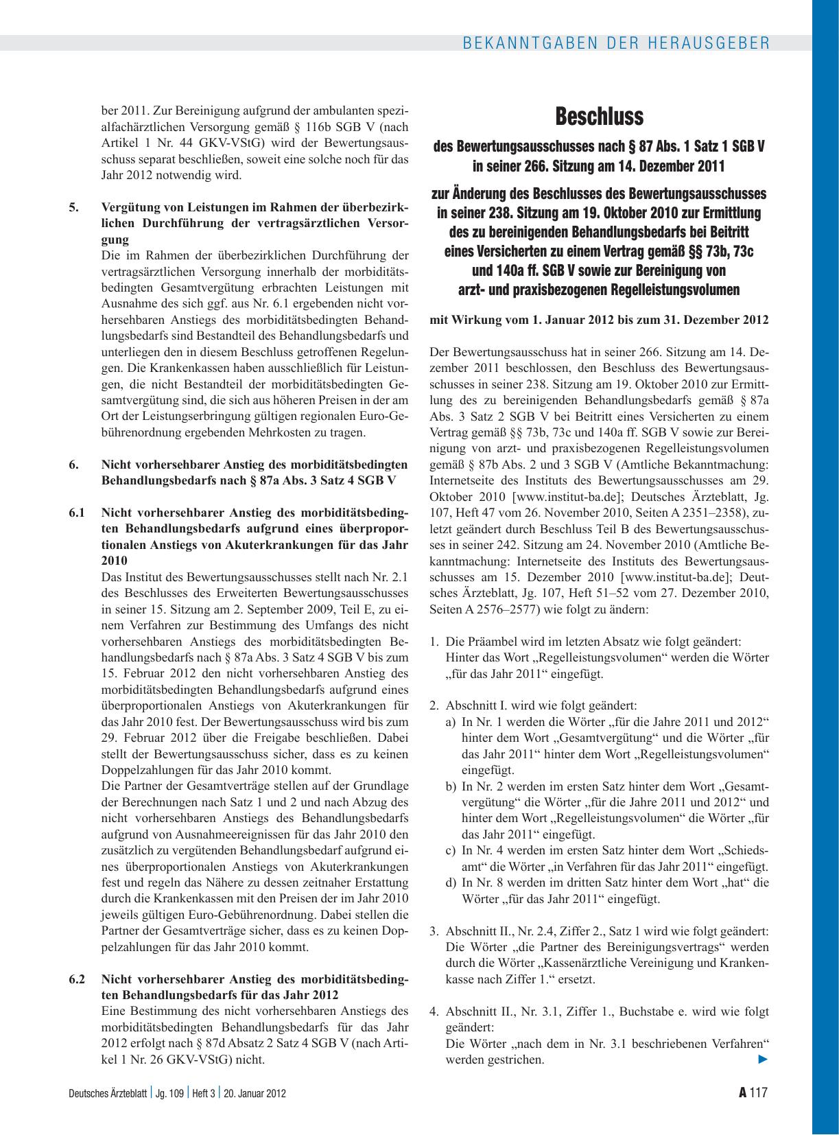 Vorschauseite 1: Beschluss des Bewertungsausschusses nach § 87 Abs. 1 Satz 1 SGB V in seiner 266. Sitzung am 14. Dezember 2011 zur Änderung des Beschlusses des Bewertungsausschusses in seiner 238.…