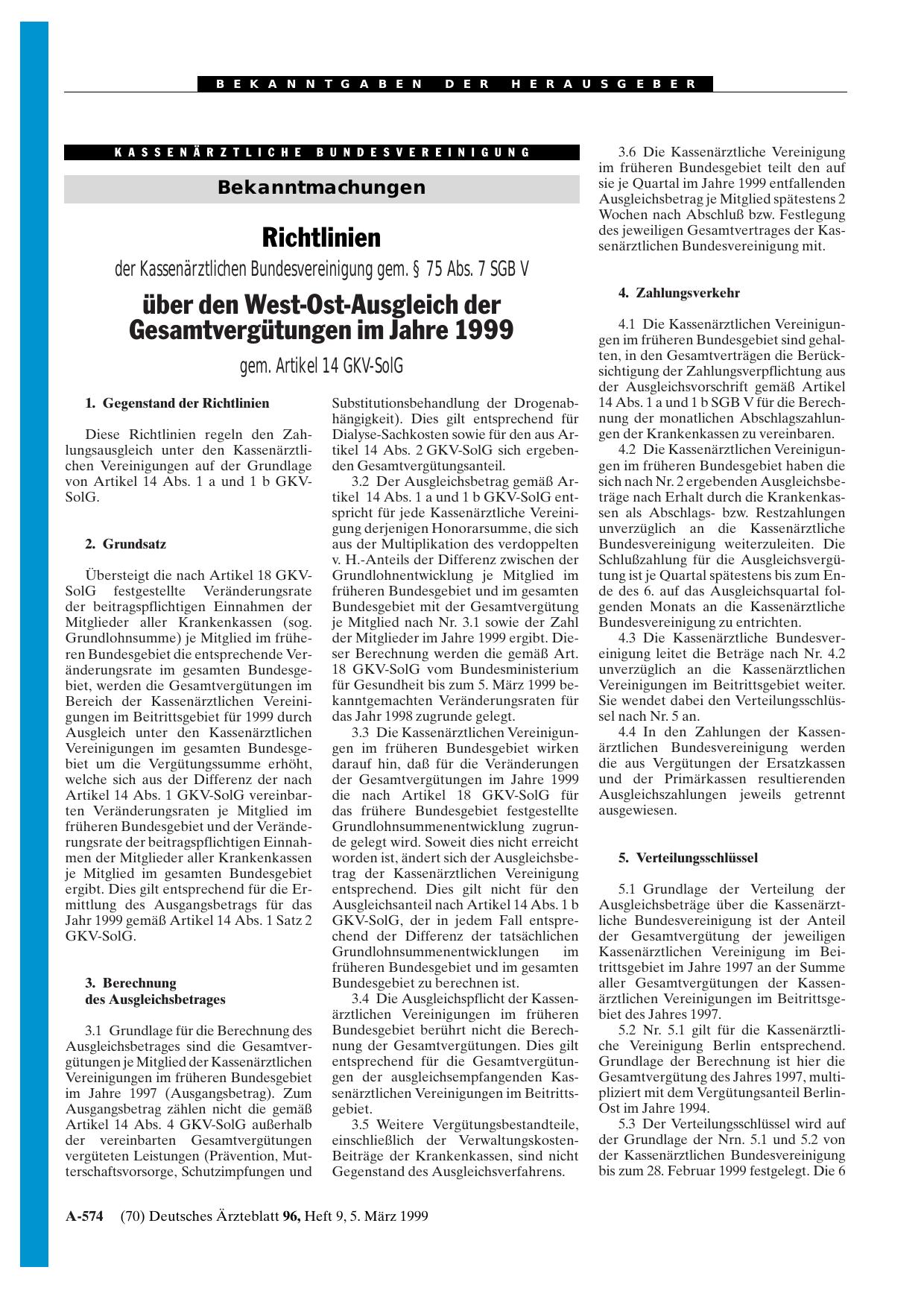 Vorschauseite 1: Richtlinien der Kassenärztlichen Bundesvereinigung gem. § 75 Abs. 7 SGB V über den West-Ost-Ausgleich der Gesamtvergütungen im Jahre 1999 gem. Artikel 14 GKV-SolG