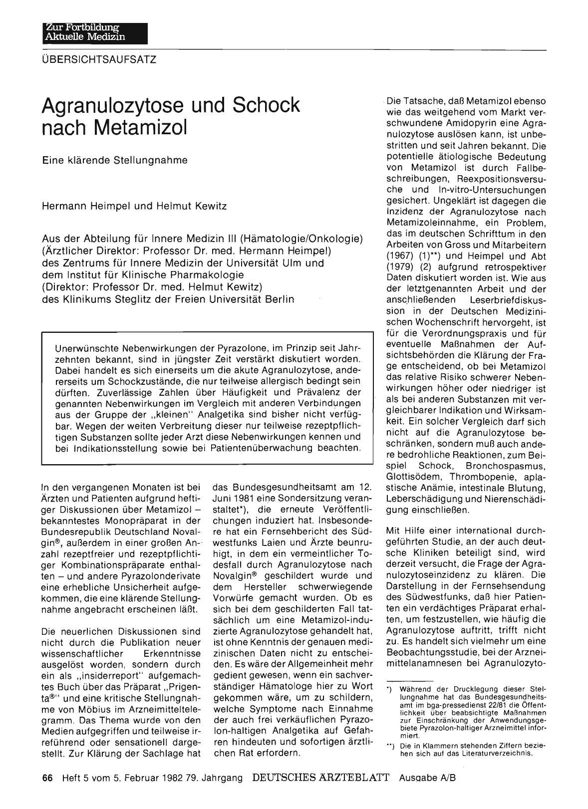 Vorschauseite 1: Agranulozytose und Schock nach Metamizol