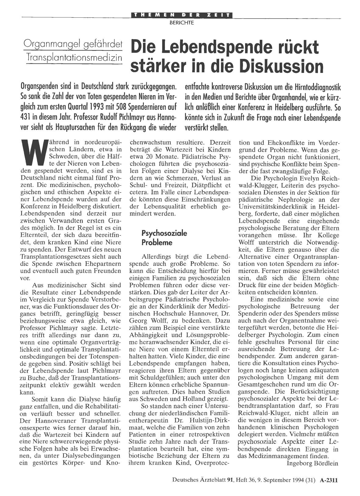 Vorschauseite 1: Organmangel gefährdet Transplantationsmedizin: Die Lebendspende rückt starker in die Diskussion