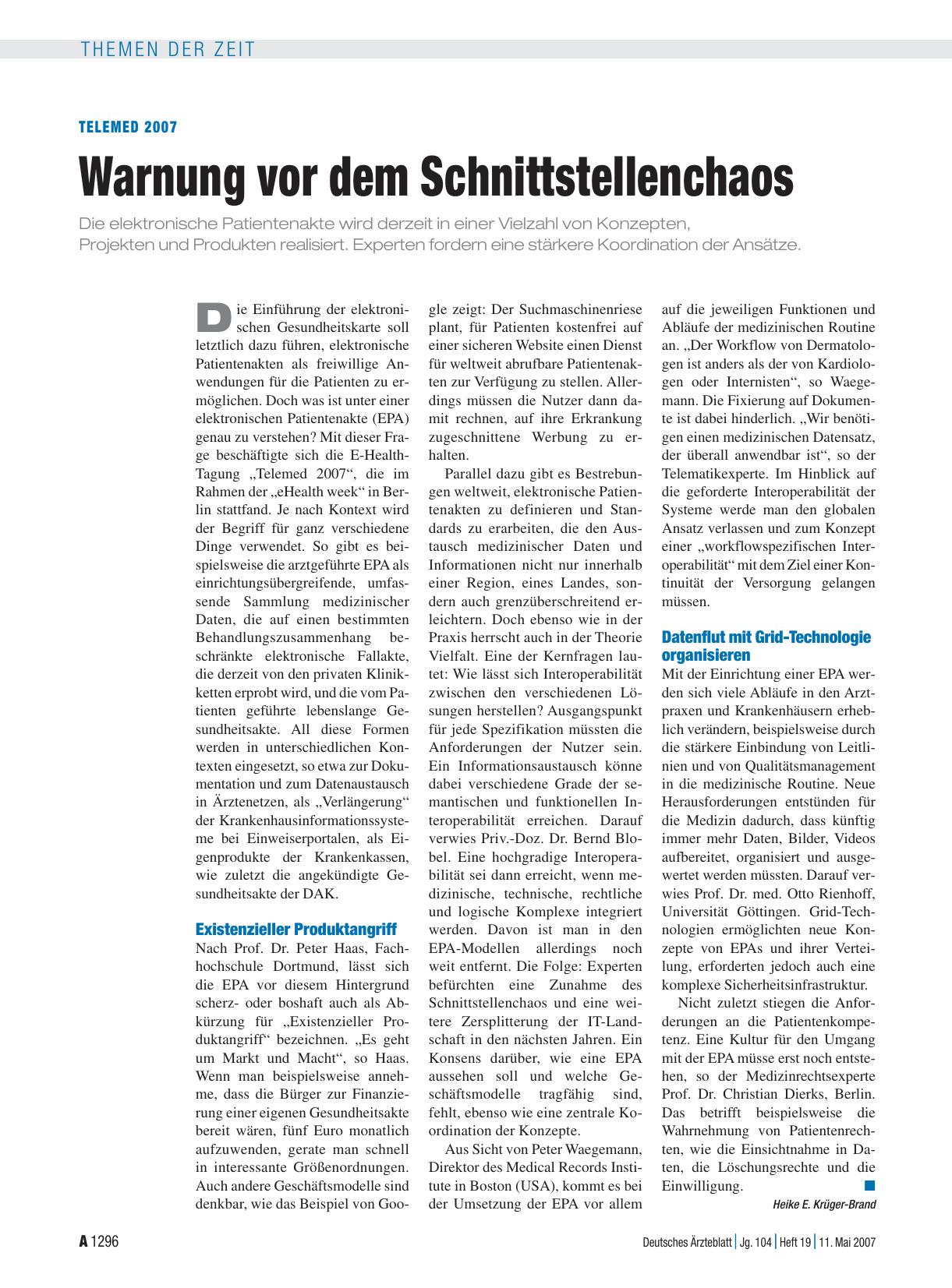 Vorschauseite 1: telemed 2007: Warnung vor dem Schnittstellenchaos