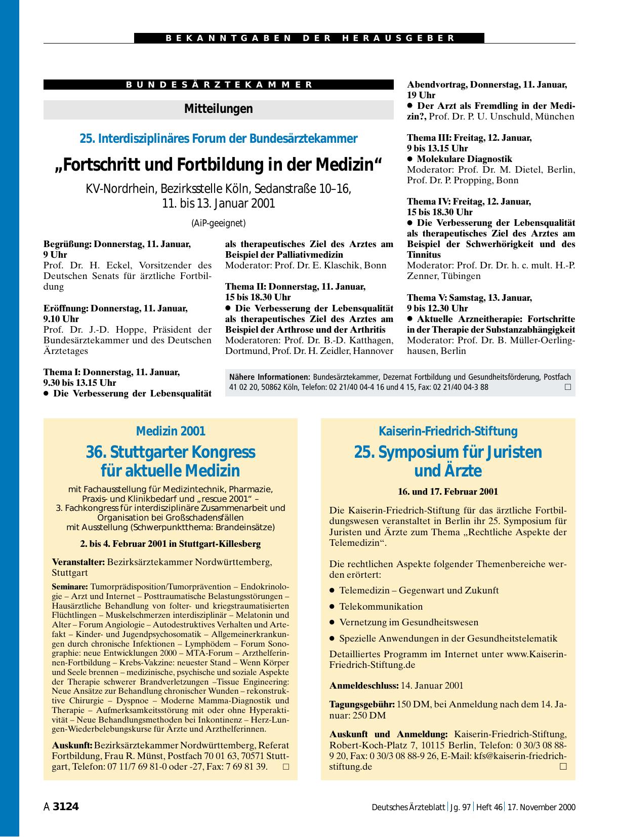 Vorschauseite 1: Kaiserin-Friedrich-Stiftung: 25. Symposium für Juristen und Ärzte