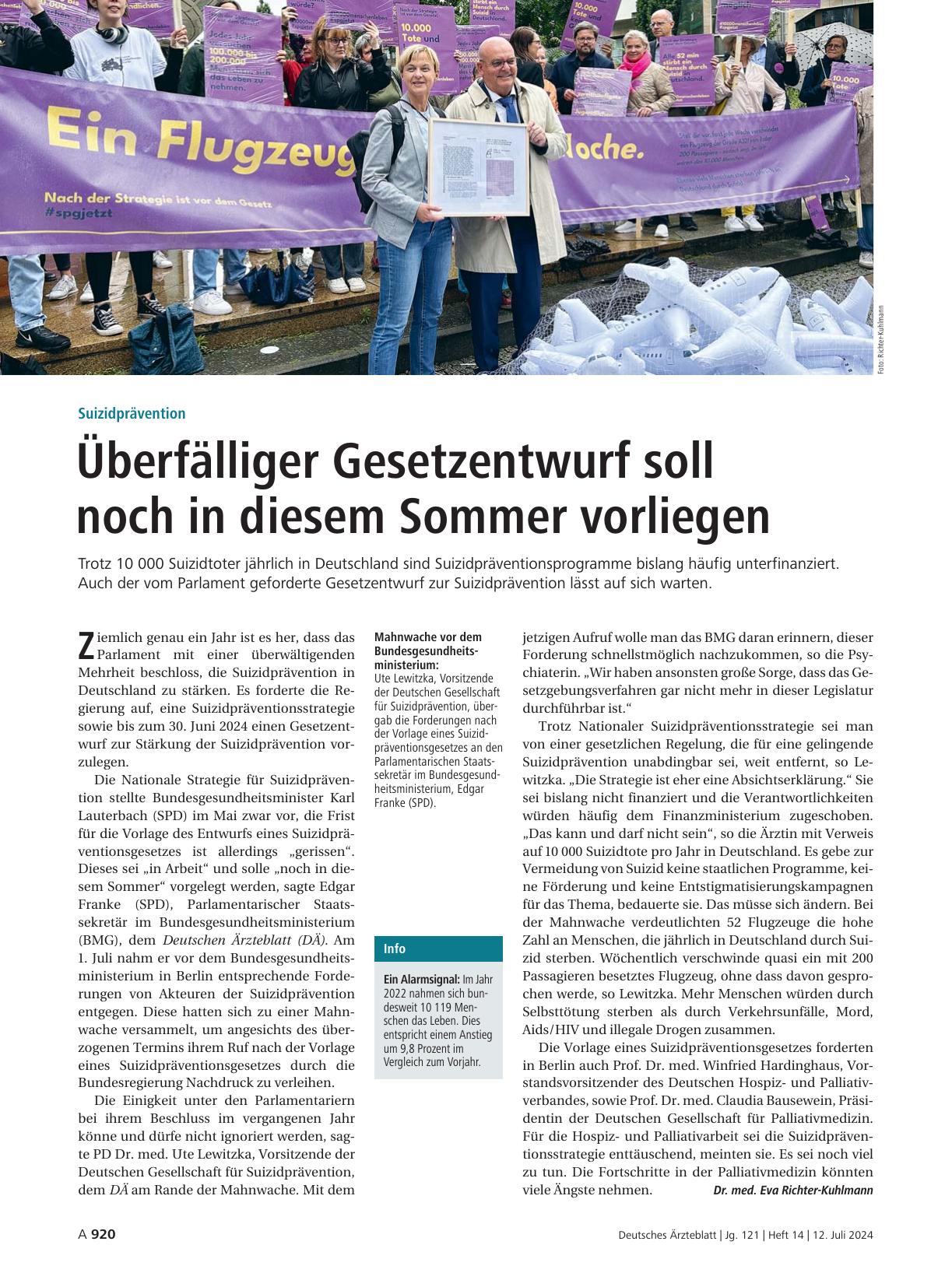 Vorschauseite 1: Suizidprävention: Überfälliger Gesetzentwurf soll noch in diesem Sommer vorliegen