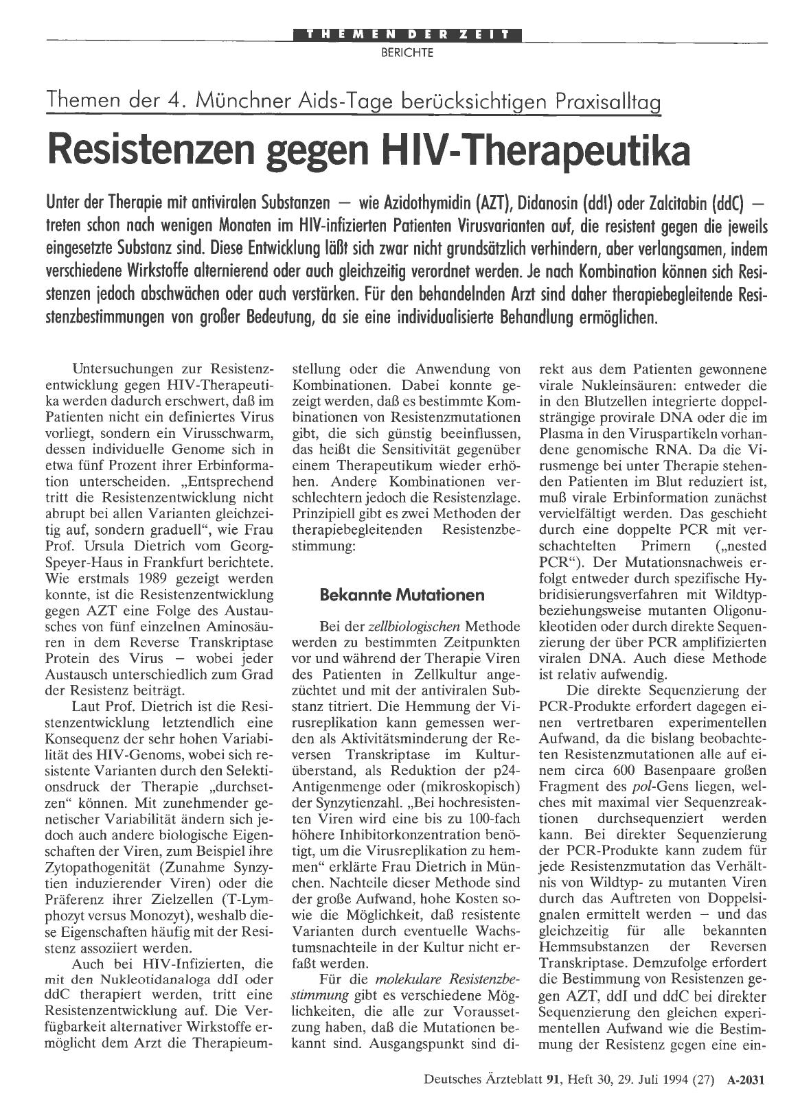 Vorschauseite 1: Themen der 4. Münchner Aids-Tage berücksichtigen Praxisalltag: Resistenzen gegen HIV-Therapeutika