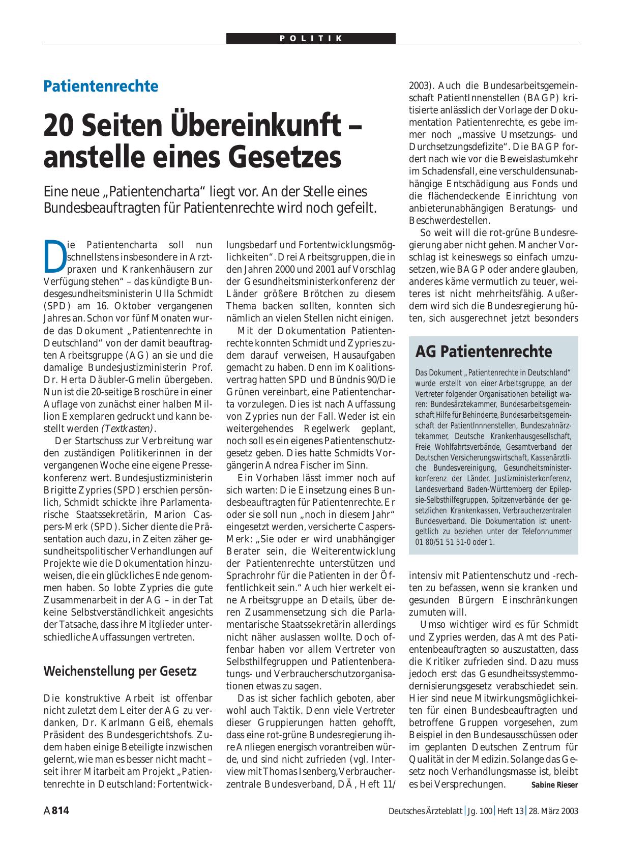 Vorschauseite 1: Patientenrechte: 20 Seiten Übereinkunft – anstelle eines Gesetzes