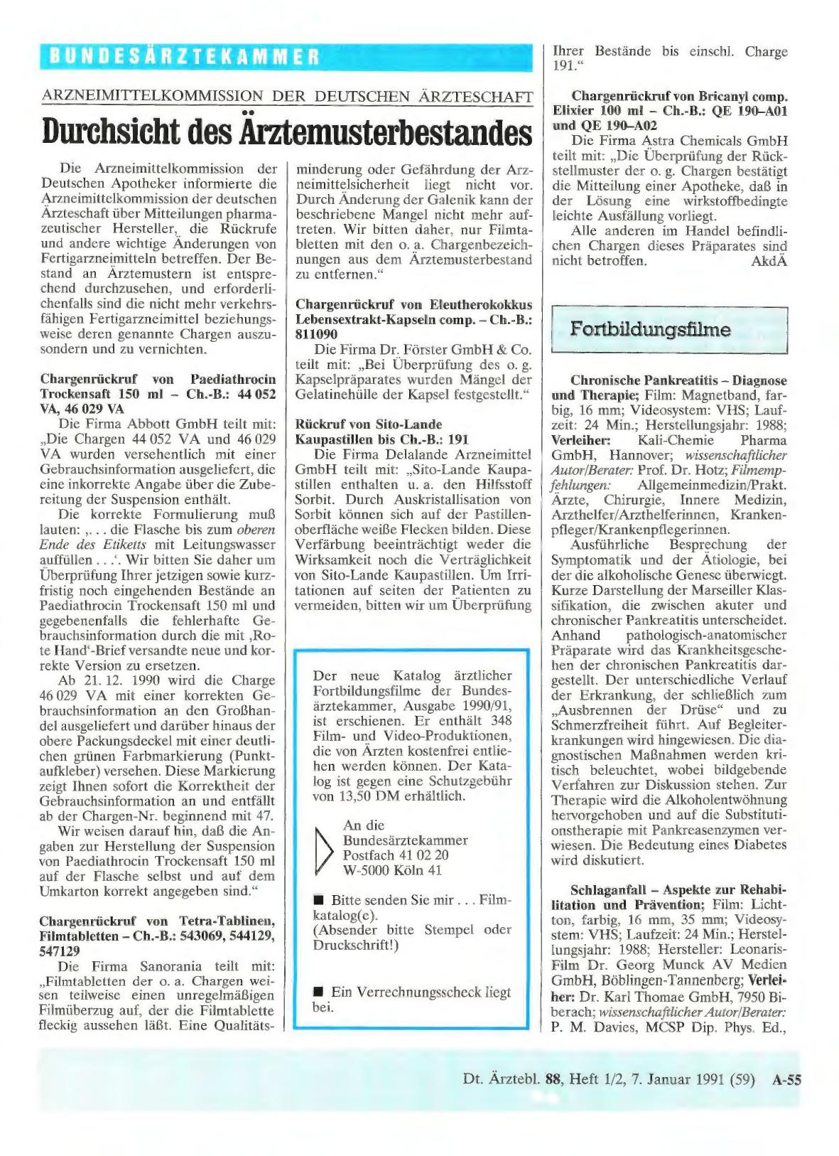 Vorschauseite 1: ARZNEIMITTELKOMMISSION DER DEUTSCHEN ÄRZTESCHAFT: Durchsicht des Ärztemusterbestandes