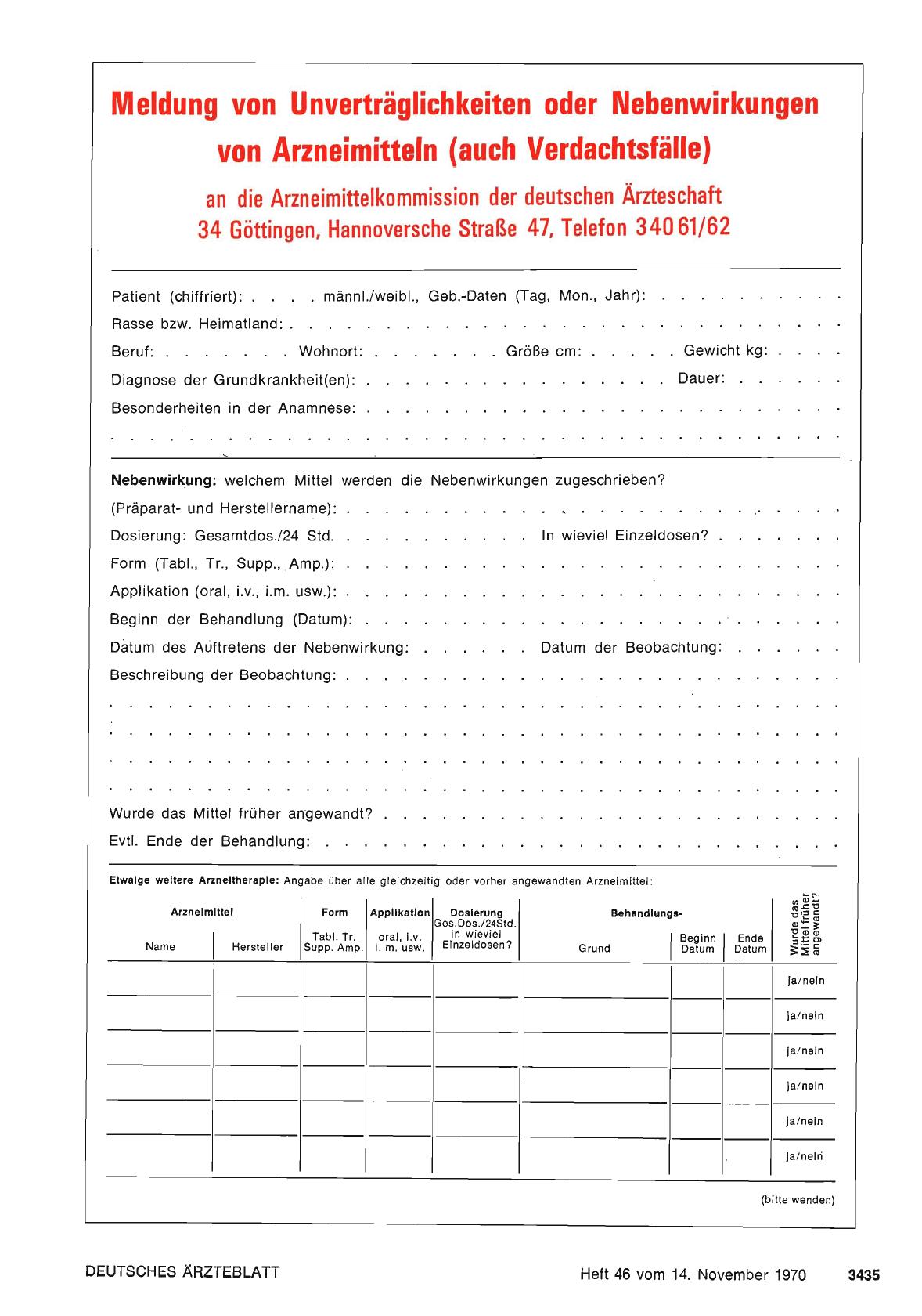 Vorschauseite 1: Meldung von Unverträglichkeiten oder Nebenwirkungen von Arzneimitteln (auch Verdachtsfälle)