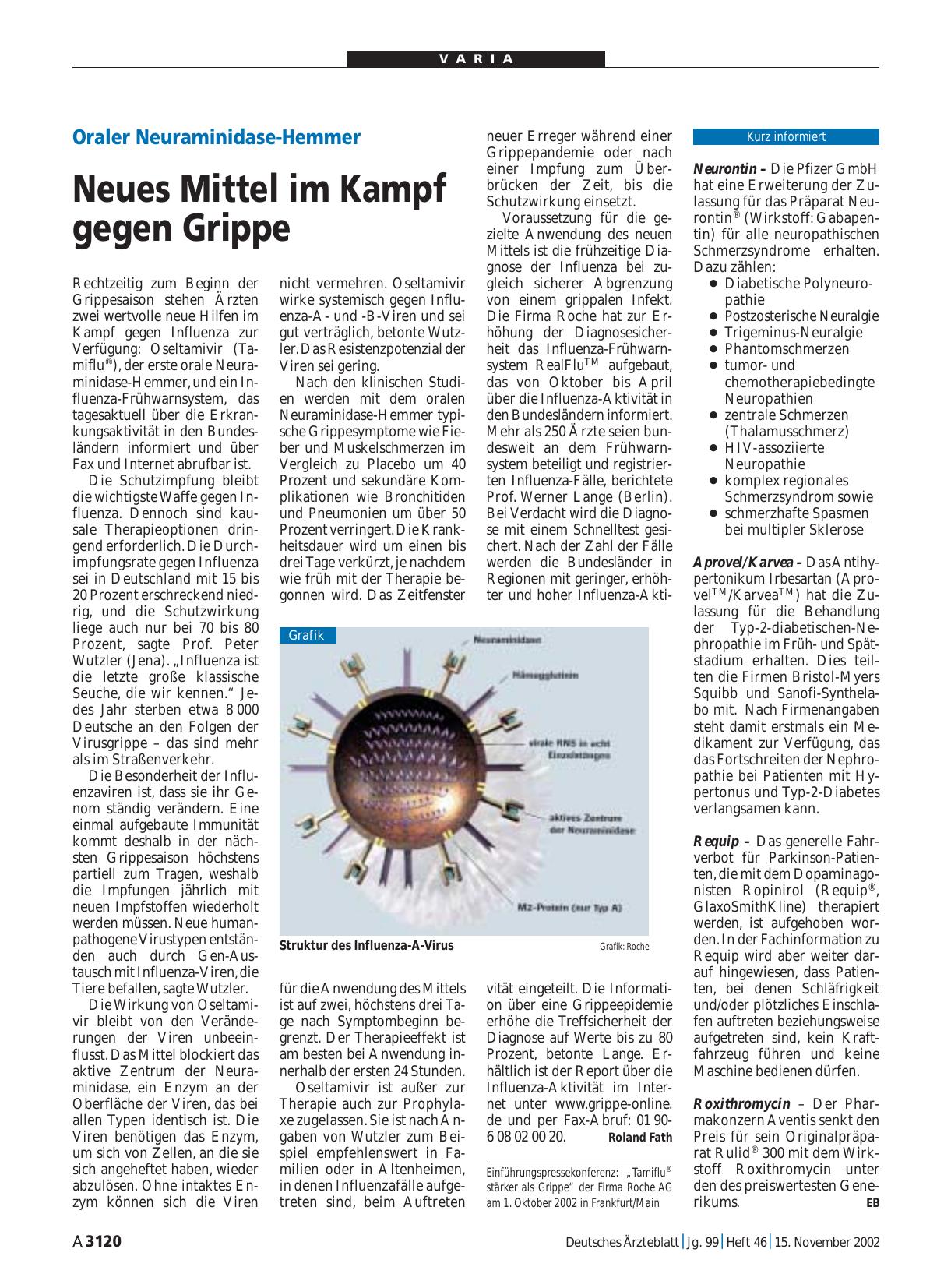 Vorschauseite 1: Oraler Neuraminidase-Hemmer: Neues Mittel im Kampf gegen Grippe