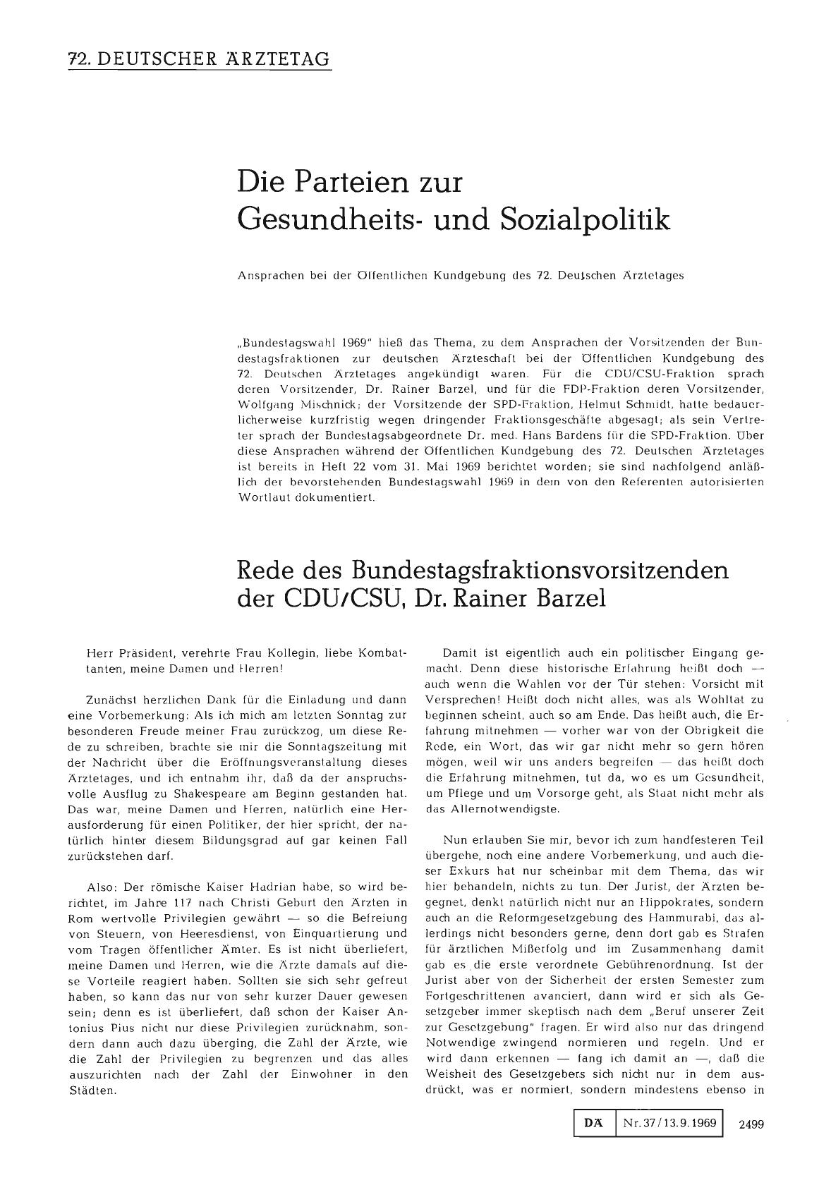Vorschauseite 1: Die Parteien zur Gesundheitsund Sozialpolitik: Die Reden von Dr. Rainer Barzel, Dr. med. Hans Bardens, Wolfgang Mischnick